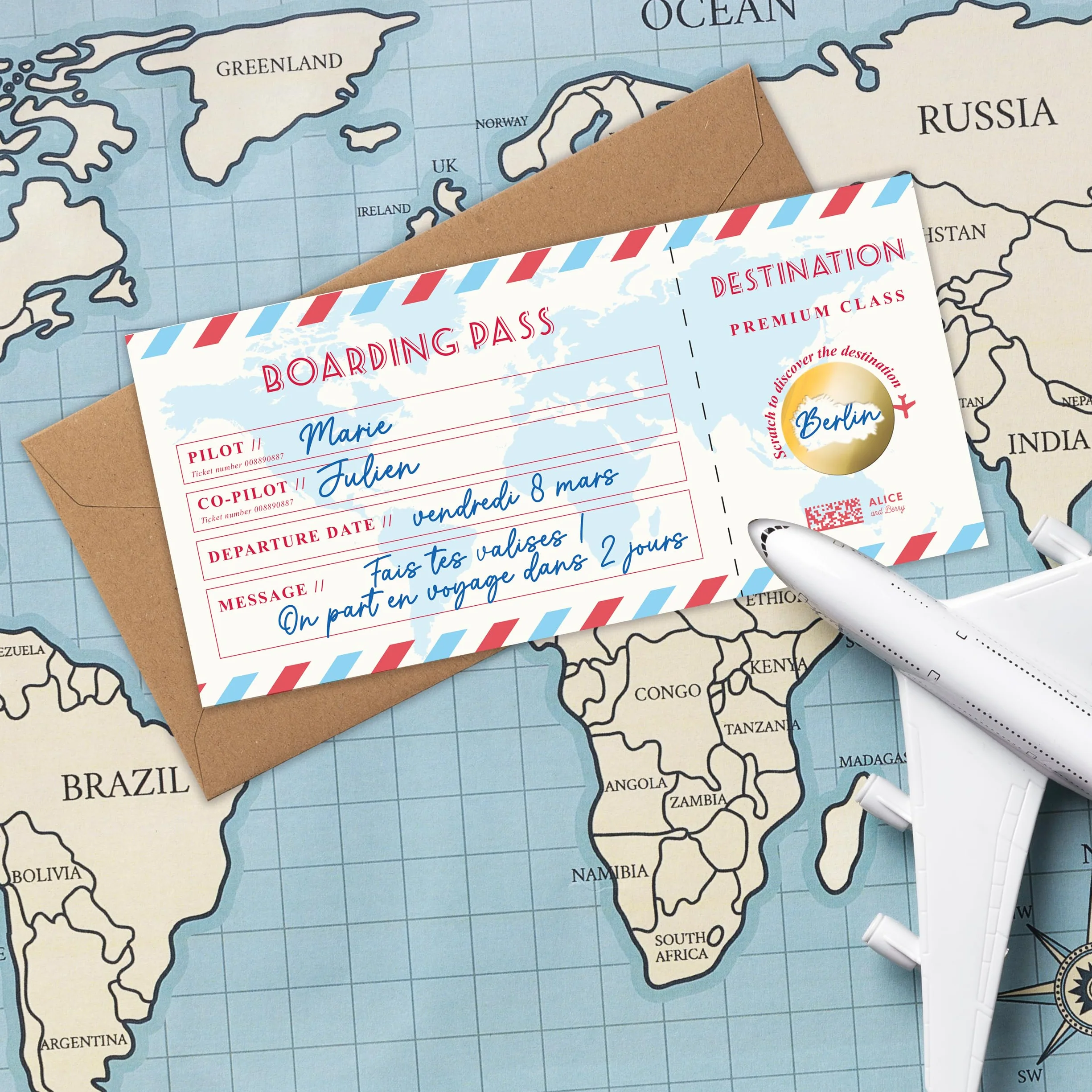 Prezent na zdrapywanie karty podróżniczej - Konfigurowalny bilet na pokład - Bilet lotniczy Prezent - Urodziny, EVJF, prezent dla pary - Angielski model Boarding Pass