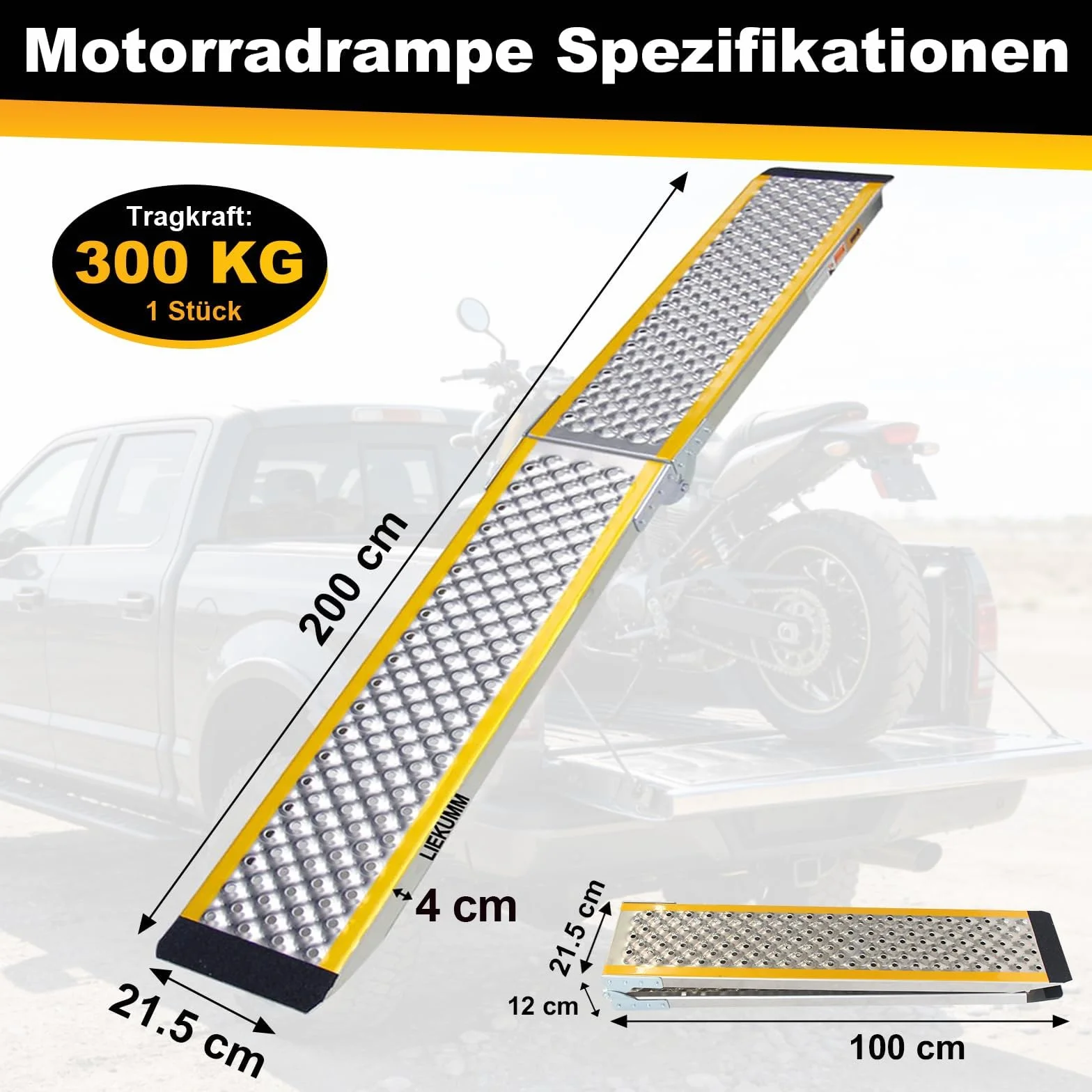 LIEKUMM Rampa najazdowa 200 cm, nośność 300 kg, aluminiowa rampa motocyklowa, składana, rampa najazdowa do przyczep, ATV, motocykli, rowerów, samochodów osobowych, rampa załadunkowa