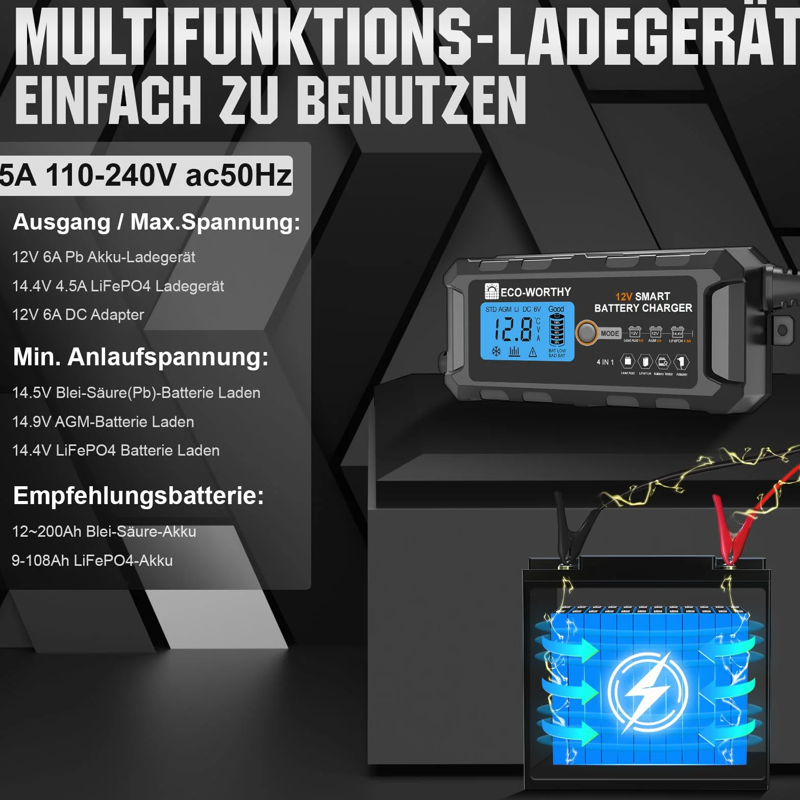 ECO-WORTHY LiFePO4 ładowarka do akumulatora 12V 5A z aktywacją akumulatora litowego