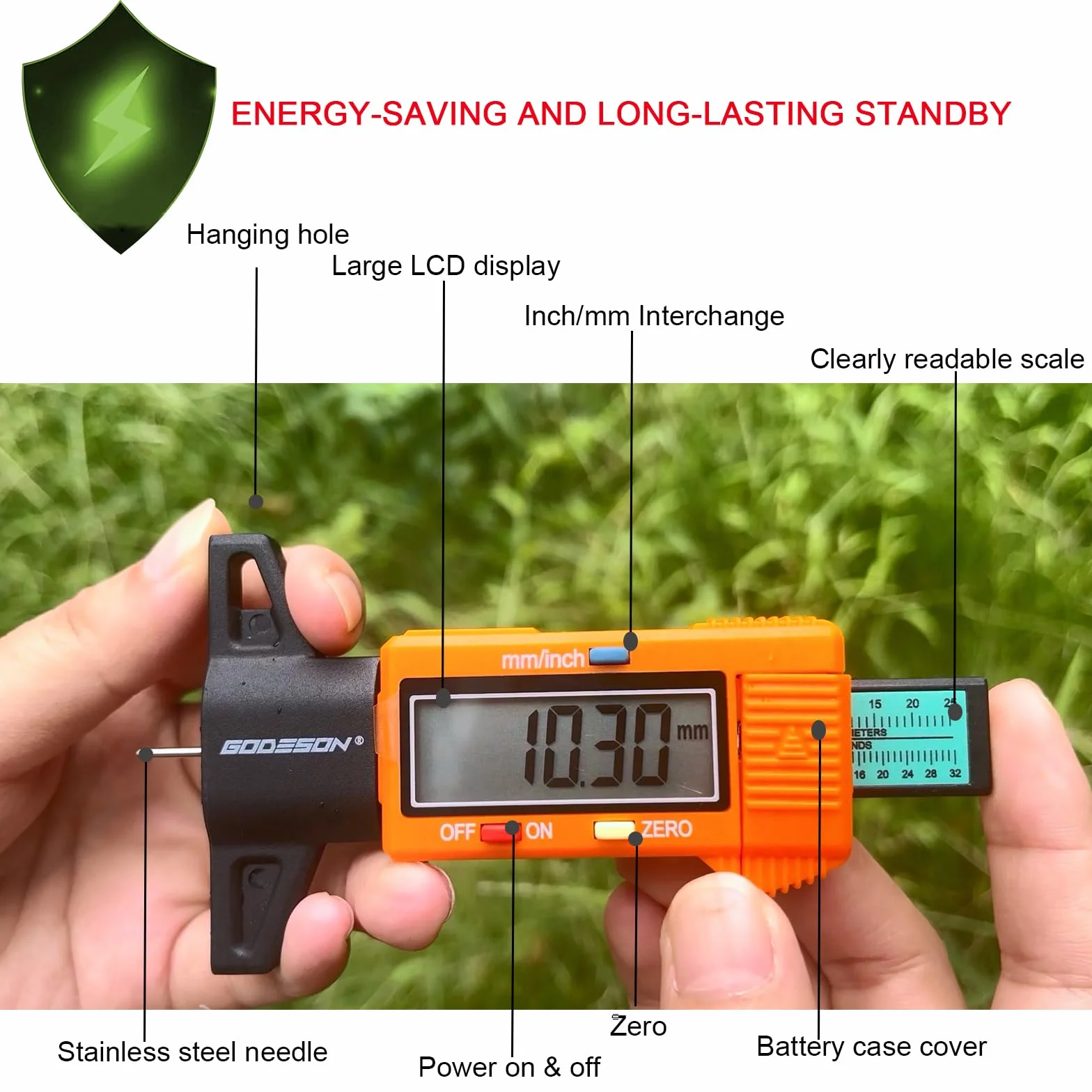 GODESON Oranżowy cyfrowy miernik głębokości bieżnika opon, 0-25,4 mm, cyfrowy miernik opon z dużym wyświetlaczem LCD i oranżowym cyfrowym miernikiem głębokości bieżnika do opon do samochodów