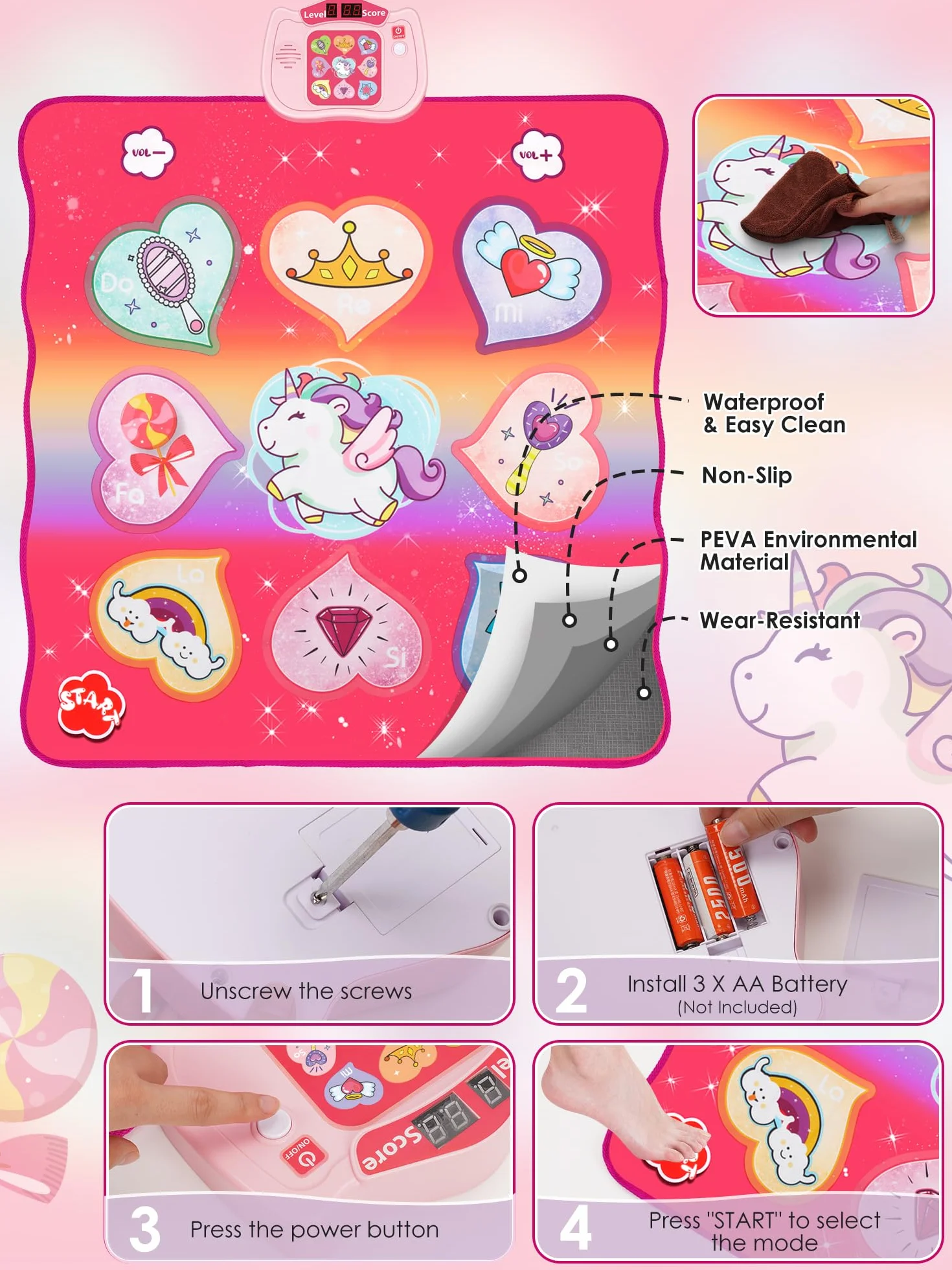 Zabawki do tańca dla dzieci, Music Dance Play Mat ze światłami LED, regulowaną głośnością, 5 trybami gry, wbudowaną muzyką, muzyczną podkładką taneczną Zabawki świąteczne prezenty dla dziewczynek