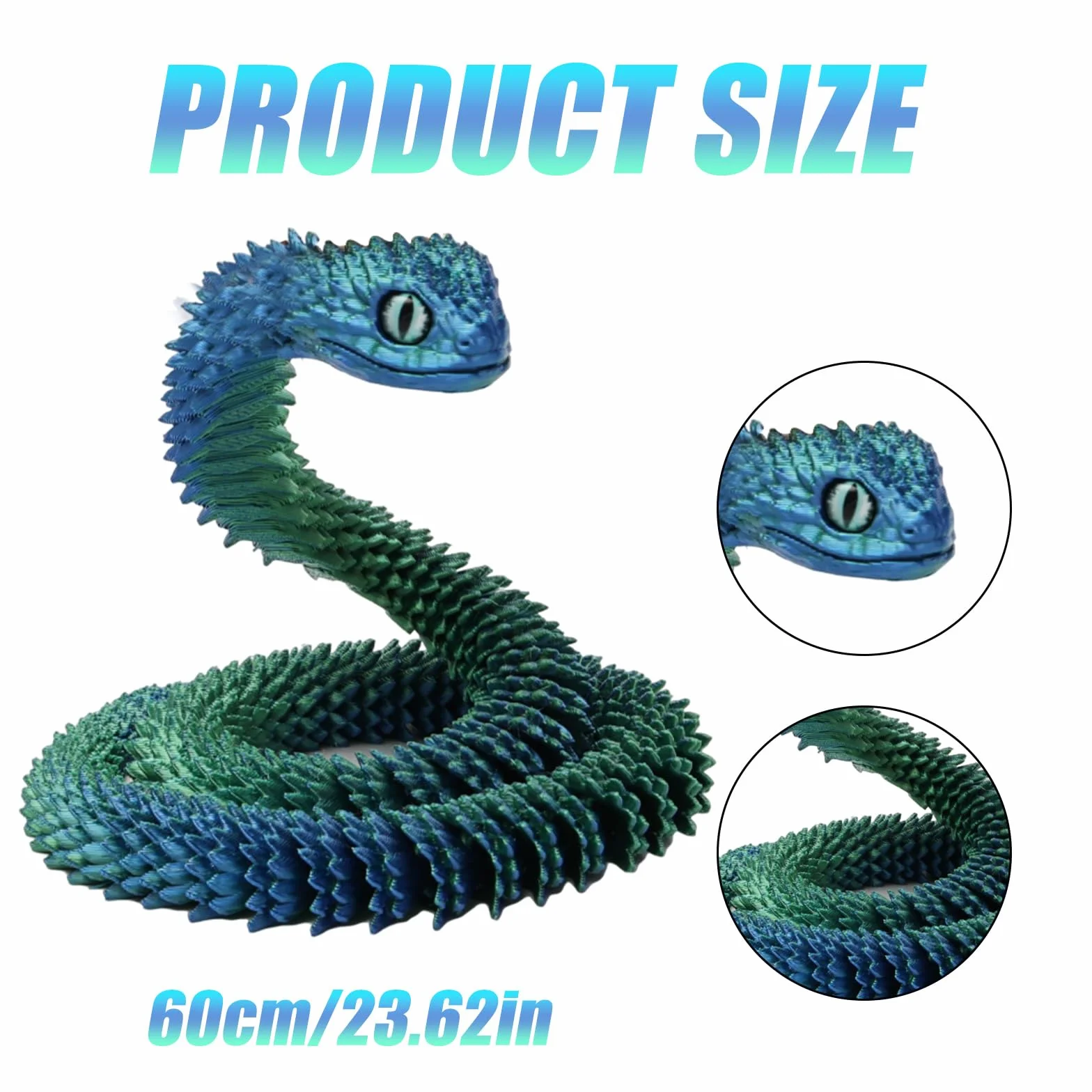 Joycabin Zabawka z nadrukiem 3D, 60 cm, elastyczny wąż Fidget Toys, model węża, zabawki z nadrukiem 3D, zabawka dla dzieci, na biurko, do mieszkania (niebiesko-zielony)