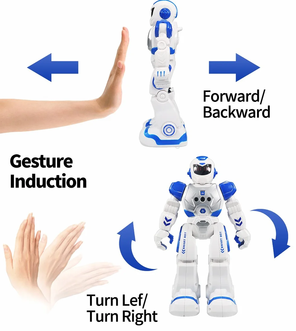 HUSAN Robot zdalnego sterowania dla dzieci, inteligentny tańczący robot z kontrolerem na podczerwień, zabawki, programowalny, śpiewanie, spacery po księżycu i oczy LED, zestaw robotów do wykrywania gestów dla dzieci (niebieski)