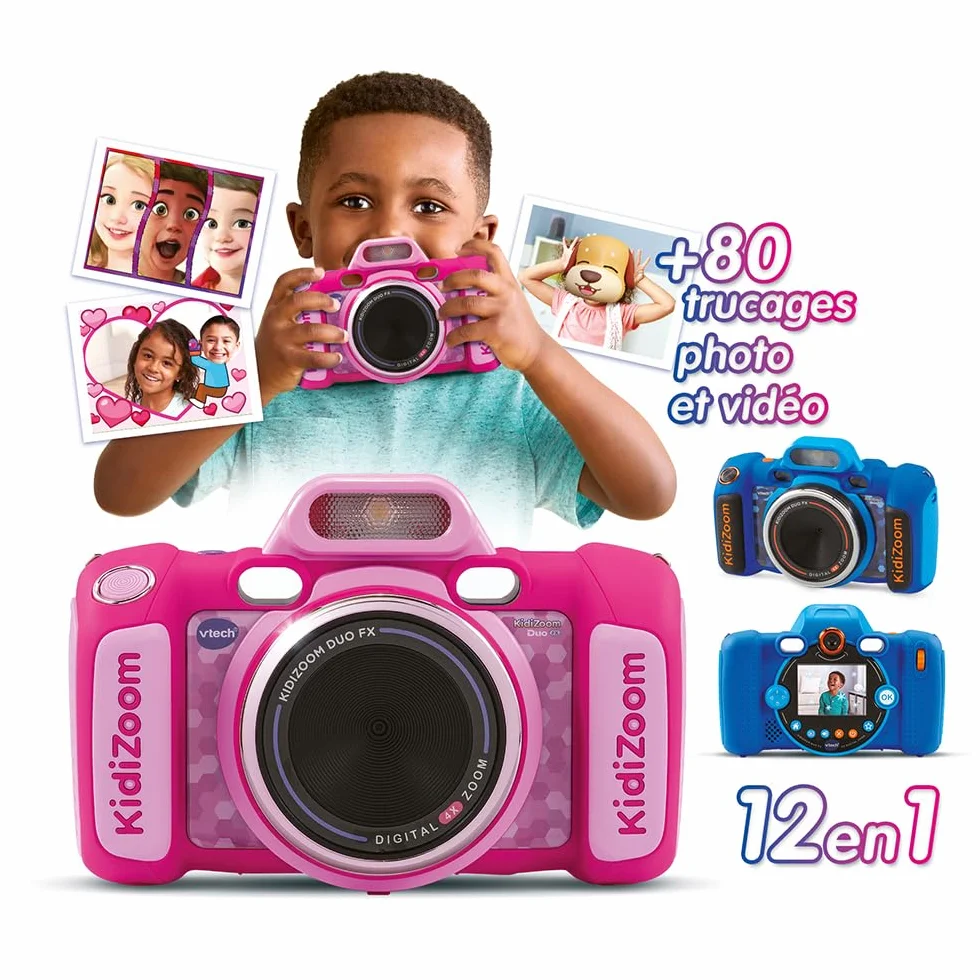VTech - KidiZoom Duo FX Rose, aparat cyfrowy dla dzieci, fotografia, selfie, wideo, kolorowy ekran, studio komiksowe, filtry i efekty Rigolos, prezent dla dzieci od 4 lat do 12 lat - Zawartość w