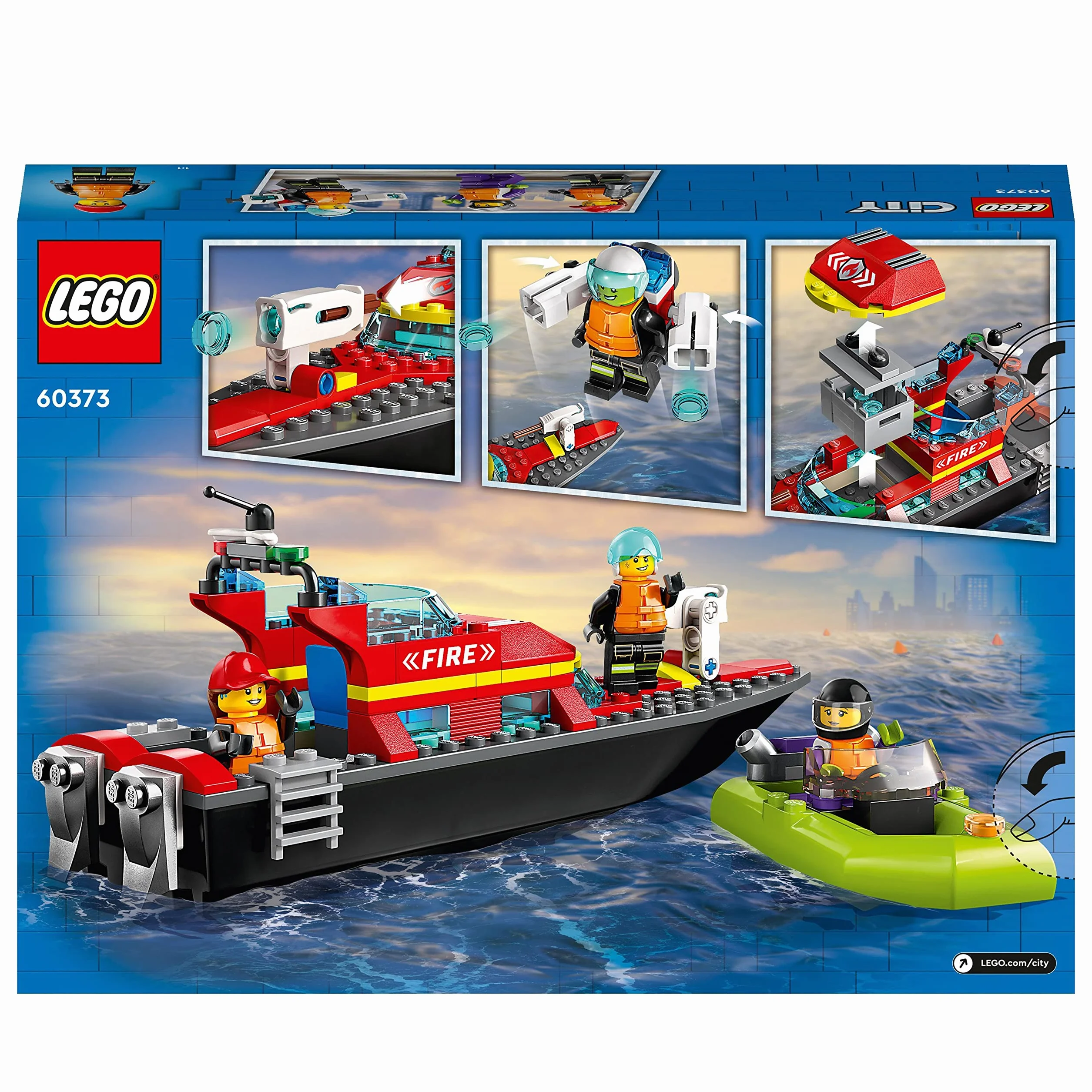 LEGO 60373 City Łódź strażacka, Unosi się na Wodzie, Plecak Odrzutowy, Motorówka, 3 Minifigurki, Zabawki dla dzieci od 5 lat, pomysł na prezent