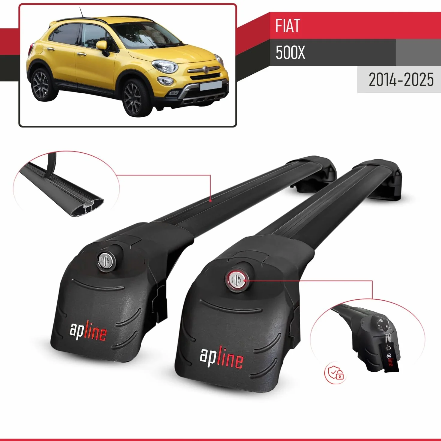 Kompatybilny z Fiat 500 X 2014-2025 ACE-2 Model Aluminiowy bagażnik dachowy – 2 poprzeczki, czarne