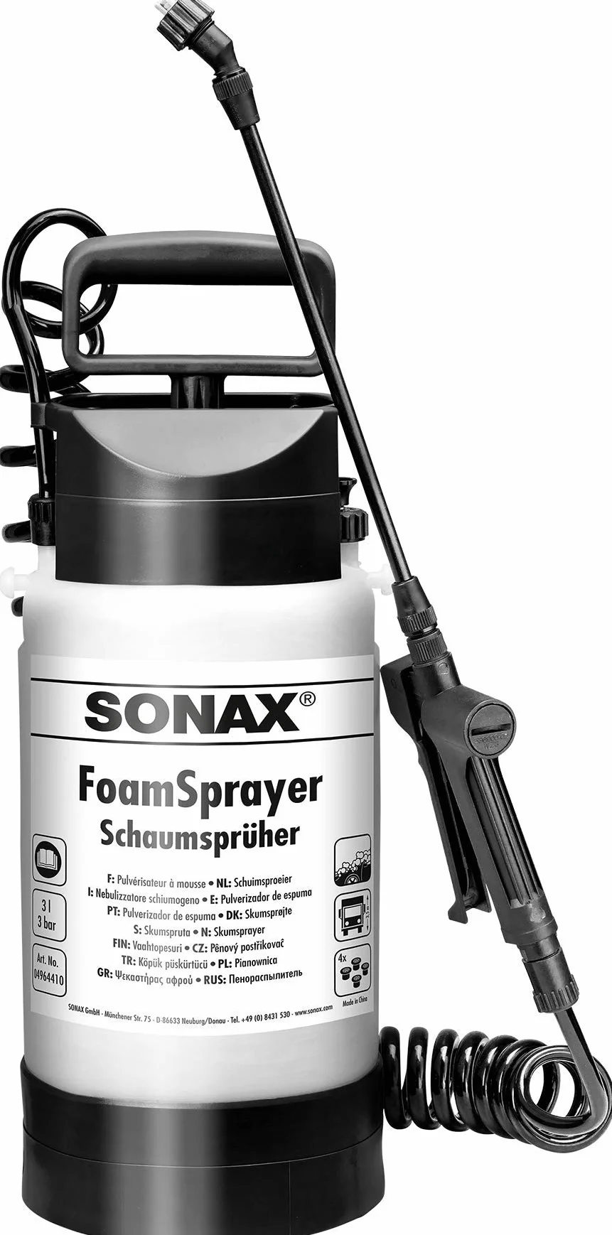 SONAX FoamSprayer (3 litry) rozpylacz pianowy o zmniejszonym zużyciu środka czyszczącego i poprawiającym efekt czyszczenia, nr art. 04964410 | Zmniejszone zużycie środka czyszczącego i poprawa efektu czyszczenia