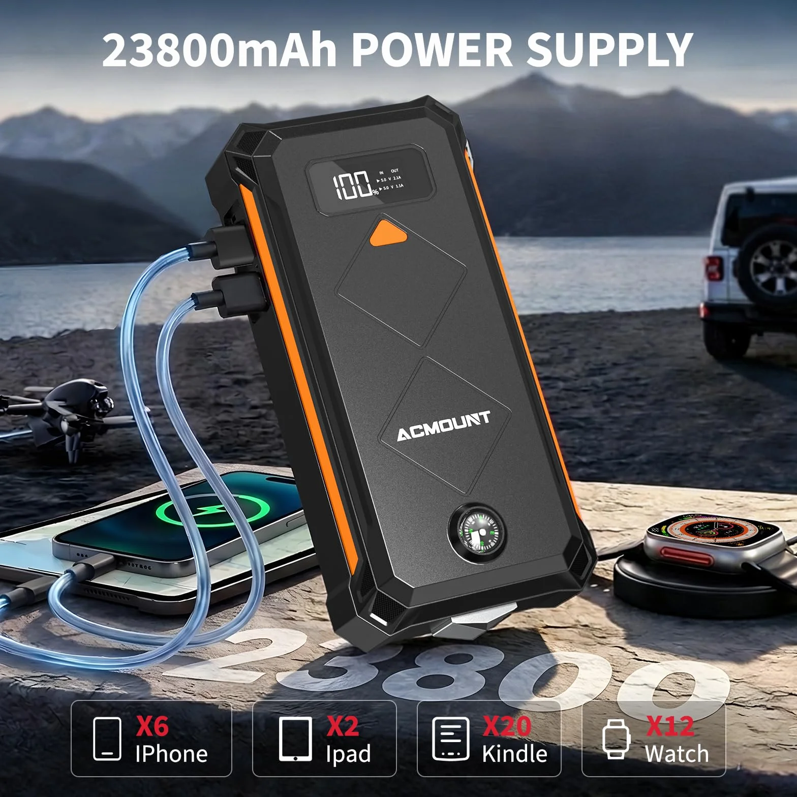 Acmount Powerbank Rozruchowy, 7000A Samochodowy Powerbank Rozruchowy do Osobowych, Rozrusznik (Do 12L Benzyna/10L Diesel), Booster Baterii z Latarką LED, Kablami Rozruchowymi, USB i Kompasem