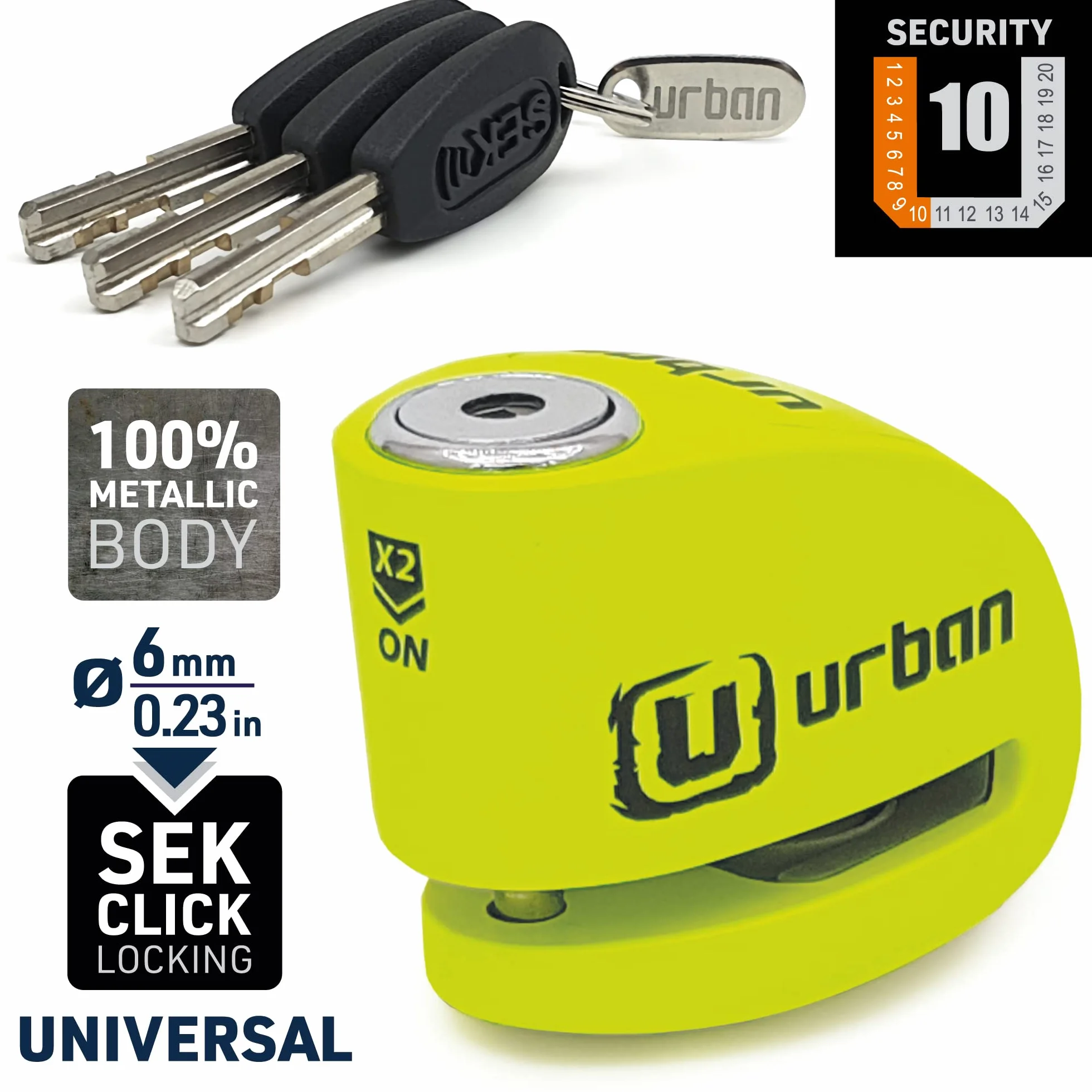 URBAN UR906X Kłódka Antykradzieżowa Blokada Dysku Alarmowego 120 db 6mm Uniwersalna Wodoodporna Żółta