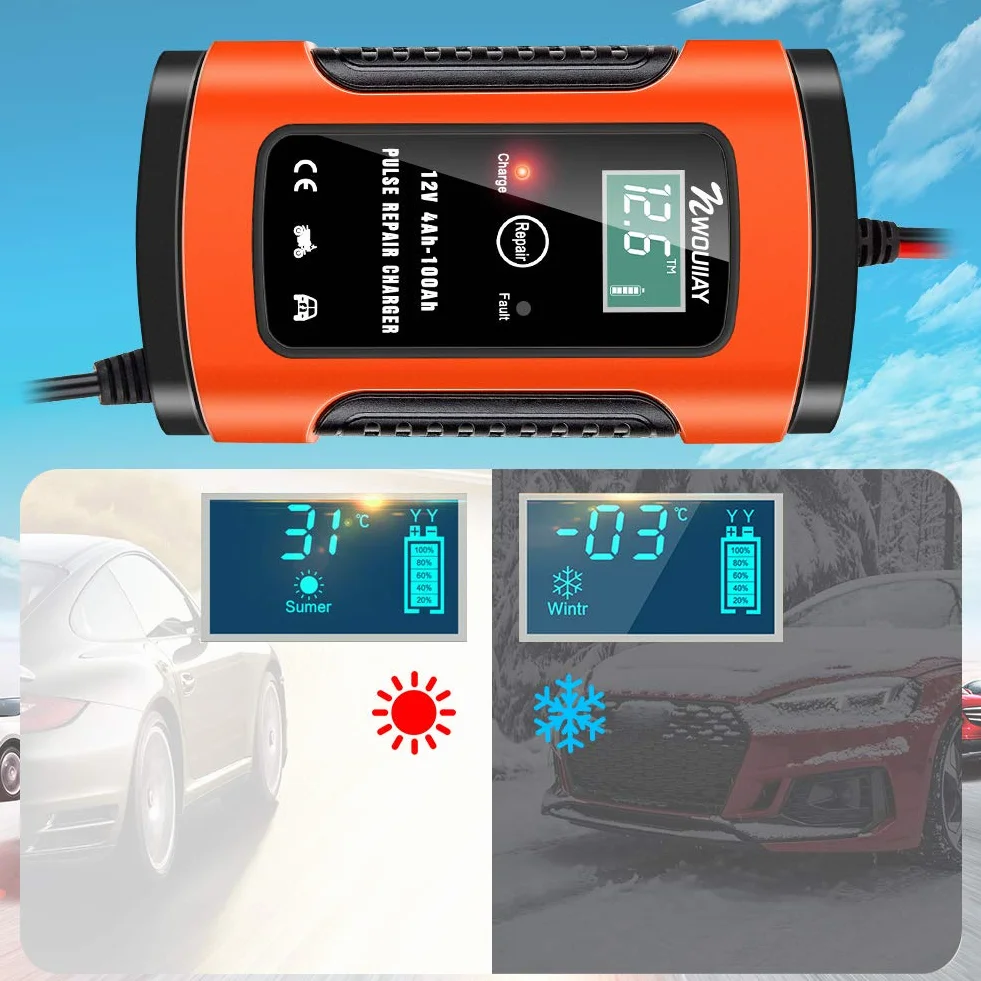 Ładowarka samochodowa 6 A/12 V, inteligentna ładowarka z ekranem LCD, akumulator samochodowy i ładowarka do akumulatora motocyklowego