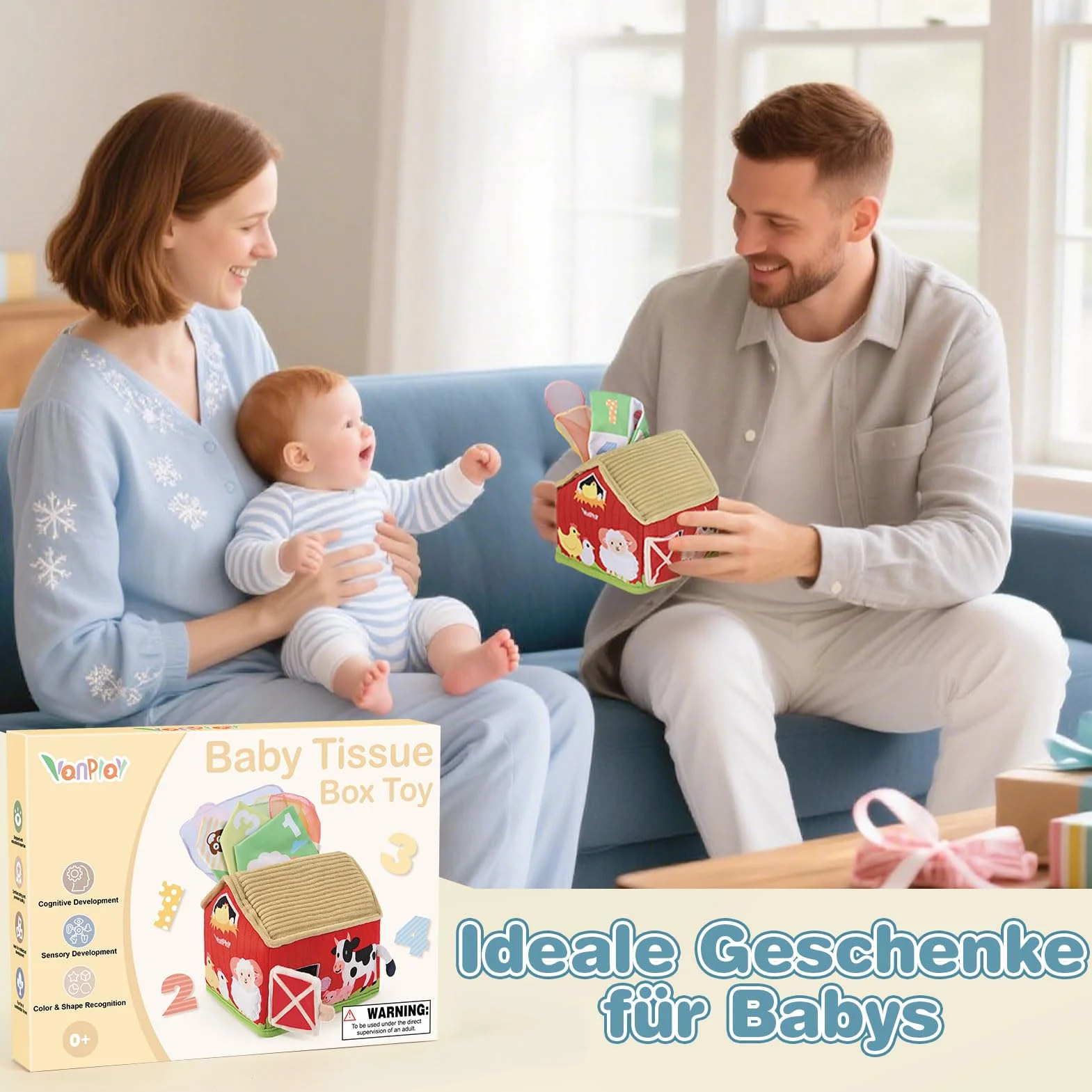 Vanplay Zabawka dla niemowląt 6 miesięcy, Montessori Zabawka na temat gospodarstwa rolnego z pudełkiem na tkaninę z szalikiem i lustrem, Prezent dla niemowląt 6 12 miesięcy Dziewczynka Chłopiec