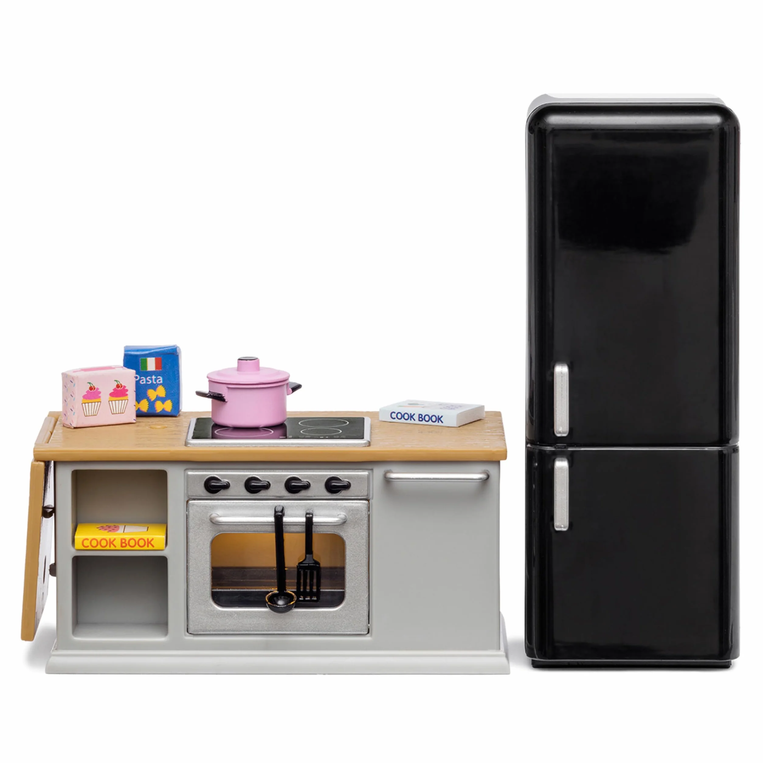 LUNDBY Meble do domku dla lalek, wyspa kuchenna, kuchenka + lodówka, 10 sztuk, akcesoria do domku dla lalek, 11 cm, mini lalki, wiek 4+, skala 1:18