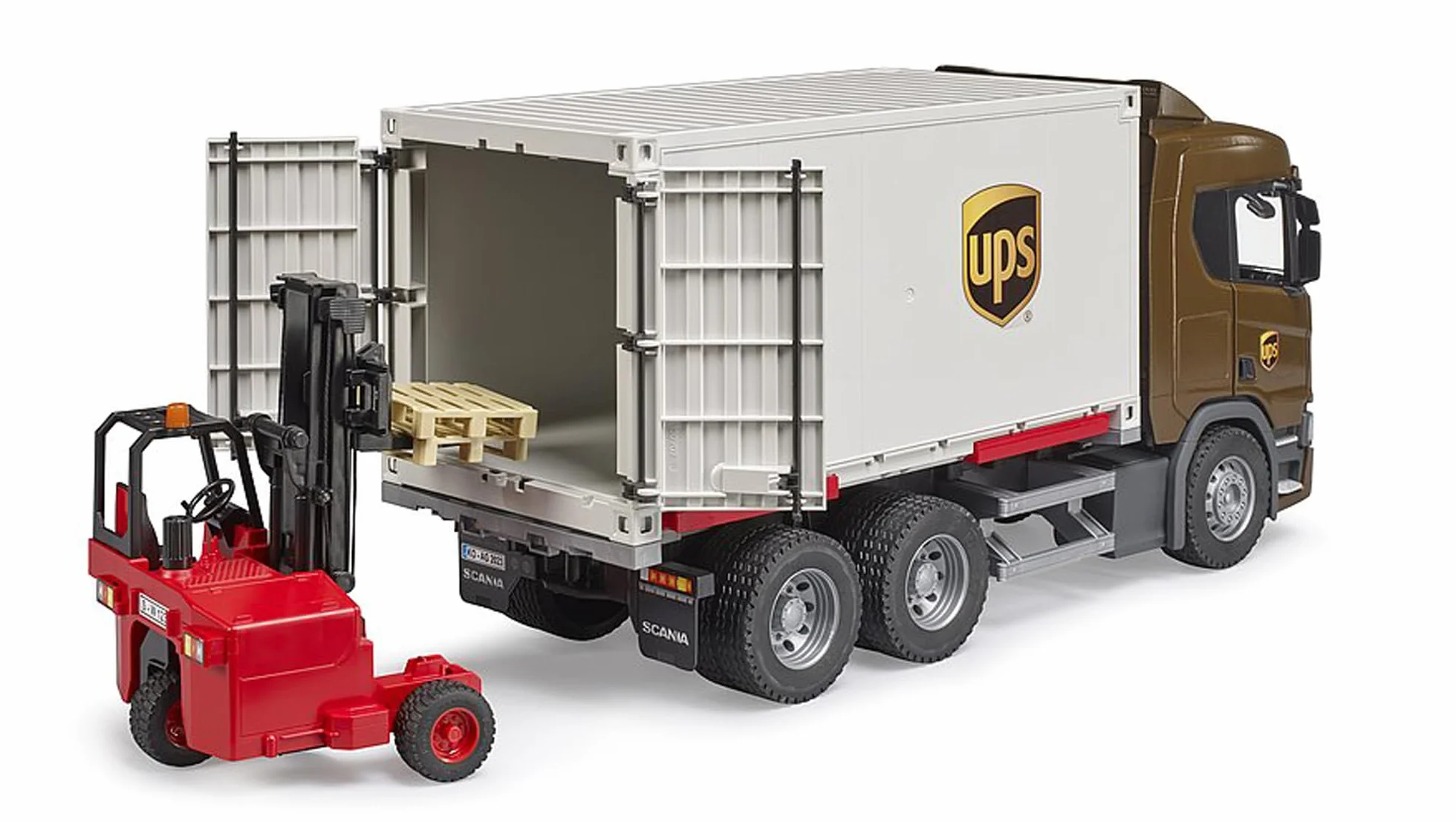 bruder 03582 - Ci|arówka logistyczna Scania Super 560R UPS z zamontowanym wózkiem widBowym, pojazdy, dostawa paczek, transport, wózek widBowy, transporter, zabawki od 4 lat