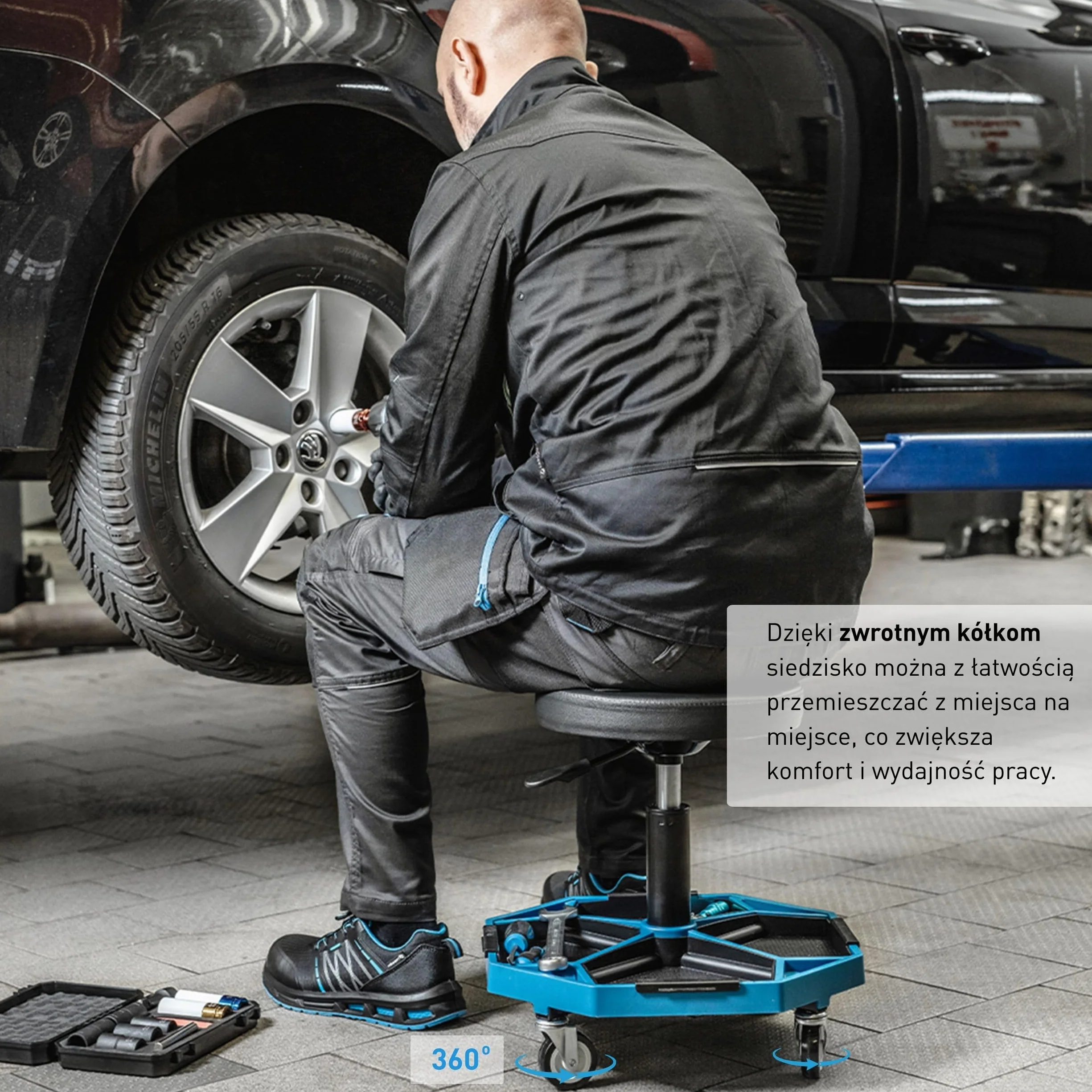 Högert Technik Regulowany taboret warsztatowy teleskopowe siedzisko 140 kg na kółkach