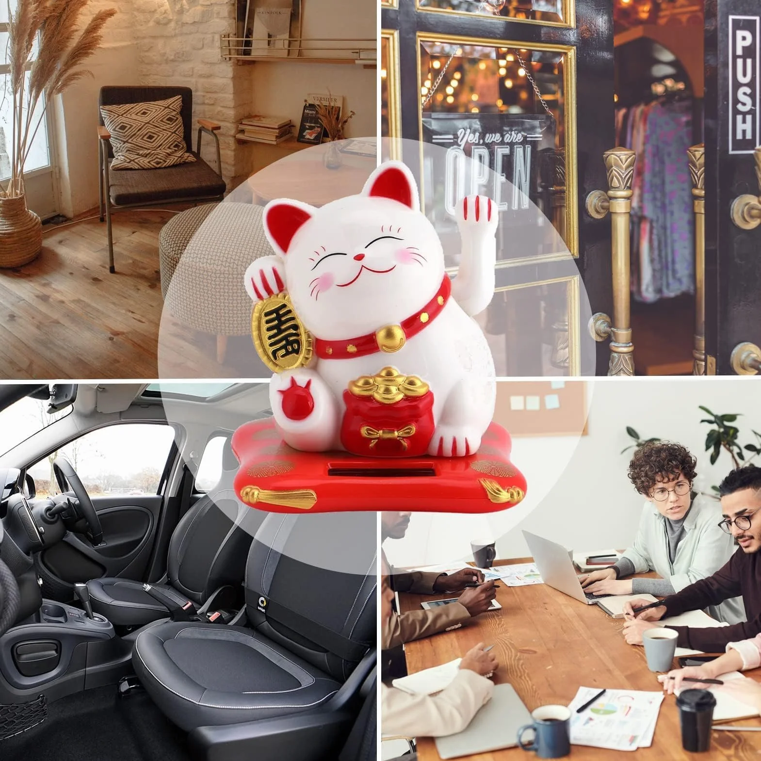Kot na szczęście, Mini Maneki Neko Japoński posąg kota z machającym ramieniem Zasilany energią słoneczną do wystroju deski rozdzielczej samochodu w domu[White]