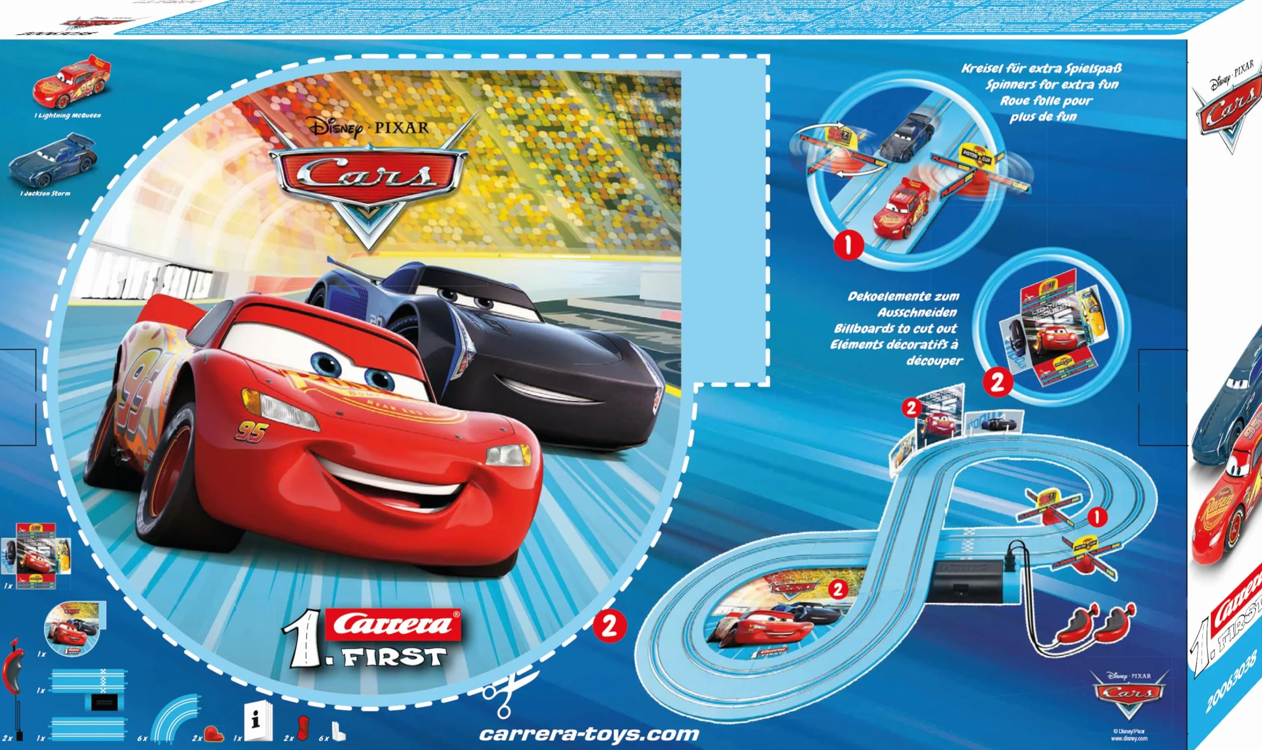 Carrera 20063038 Carrera First Disney Pixar Auta - mocne starcie tor wyścigowy 2,4 m 2 zdalnie sterowane samochody z Zygzakiem McQueenem oraz Jacksonem Sztormem prezenty na Wielkanoc