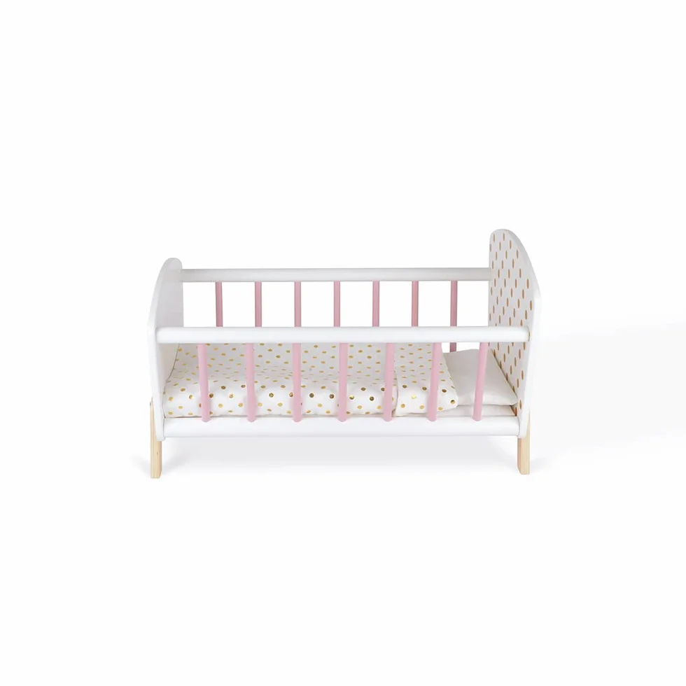 Janod - Candy Chic Bed - Wooden Baby Doll’S Bed with Mattress + Blanket + Pillow - Soft Shiny Colours - Accessories for Babies - from 3 Years Old, J05889