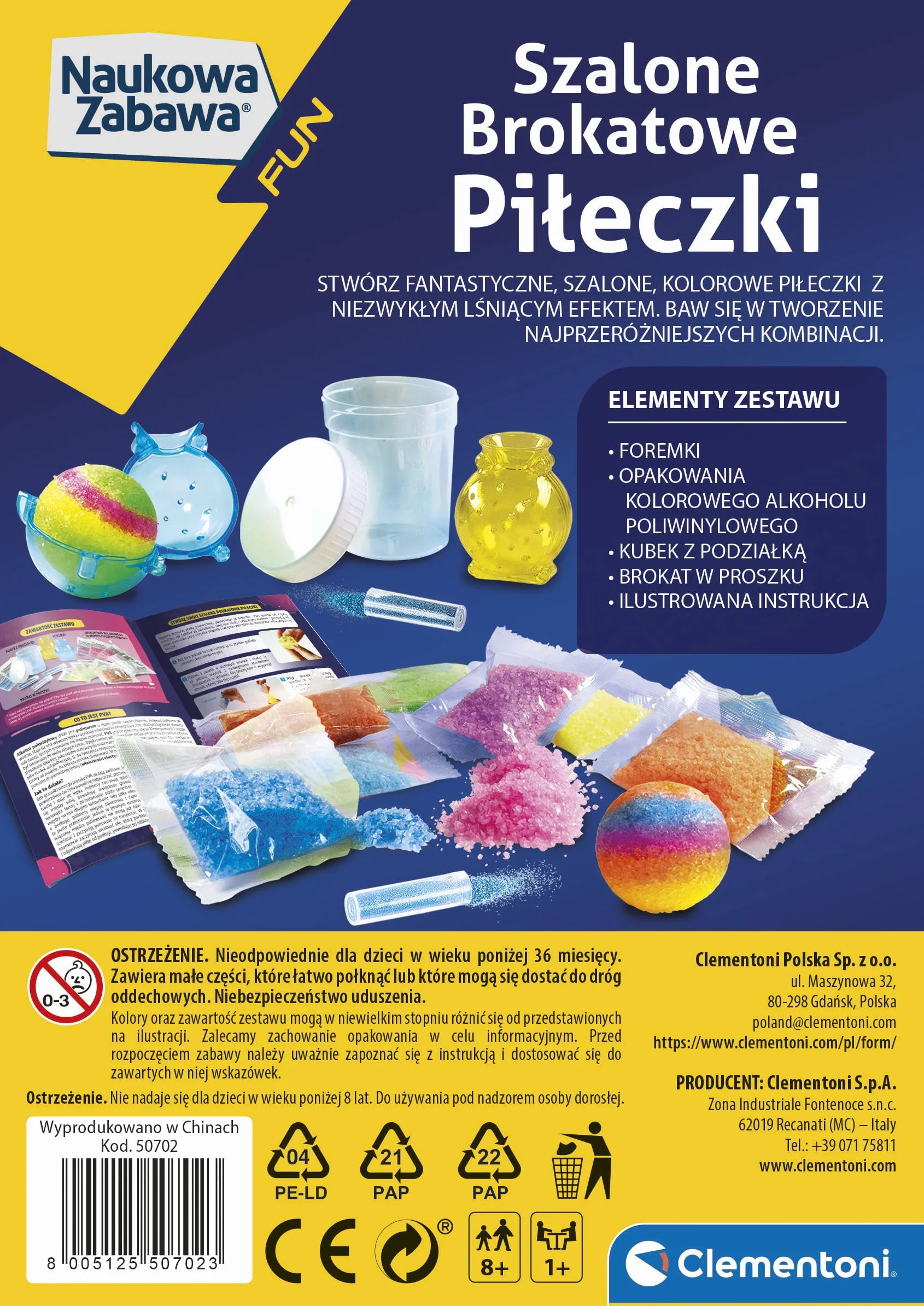 Clementoni 50702 Naukowa Zabawa Szalone Brokatowe Piłeczki Zestaw Edukacyjny dla Dzieci od 8 Lat Wersja Polska