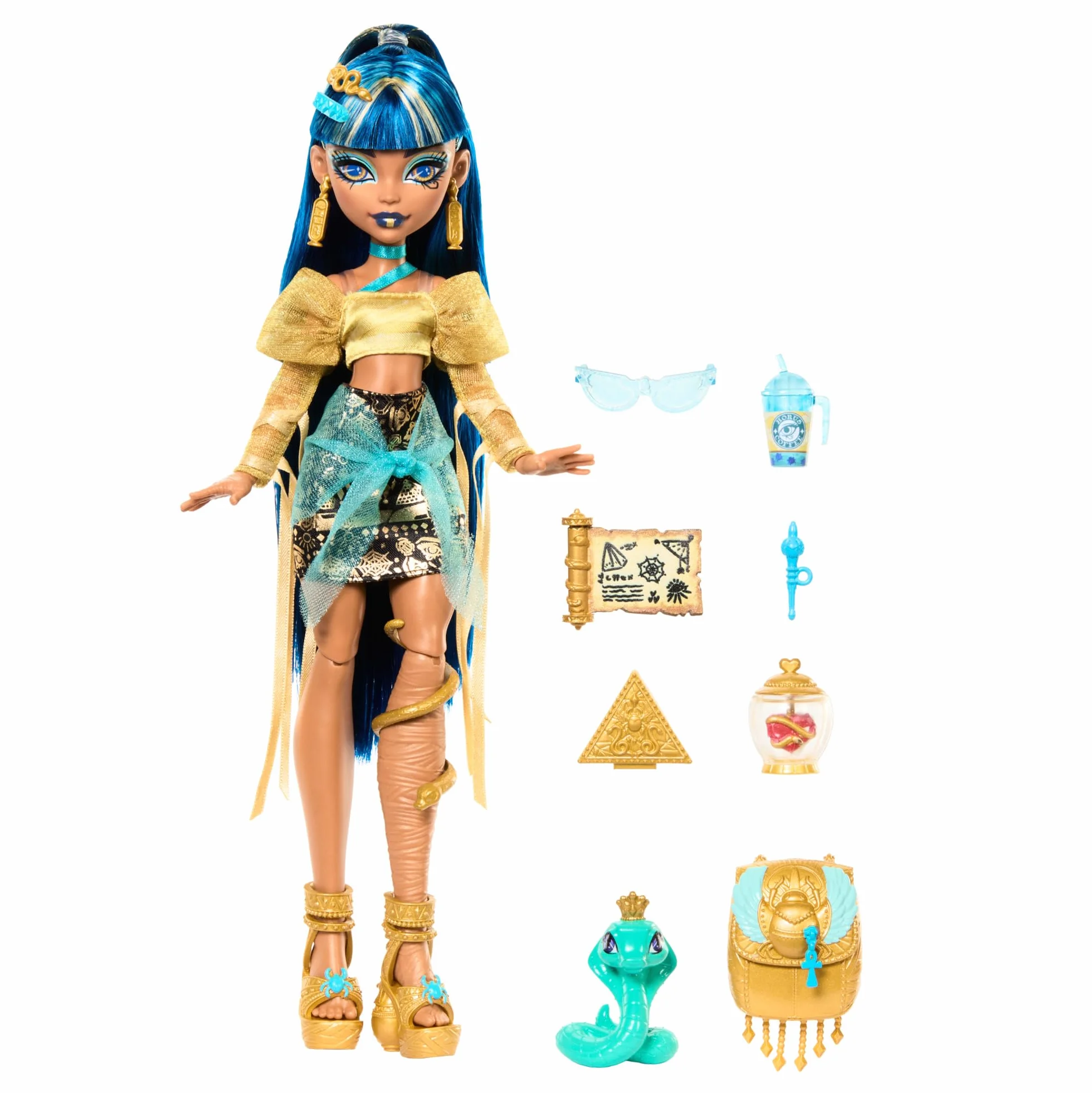 Monster High Cleo De Nile Lalka w złocistej bluzce i spódniczce z hieroglifami, kobra Hissette i akcesoria, takie jak plecak, „przekąska” i „papirus”, HXH74