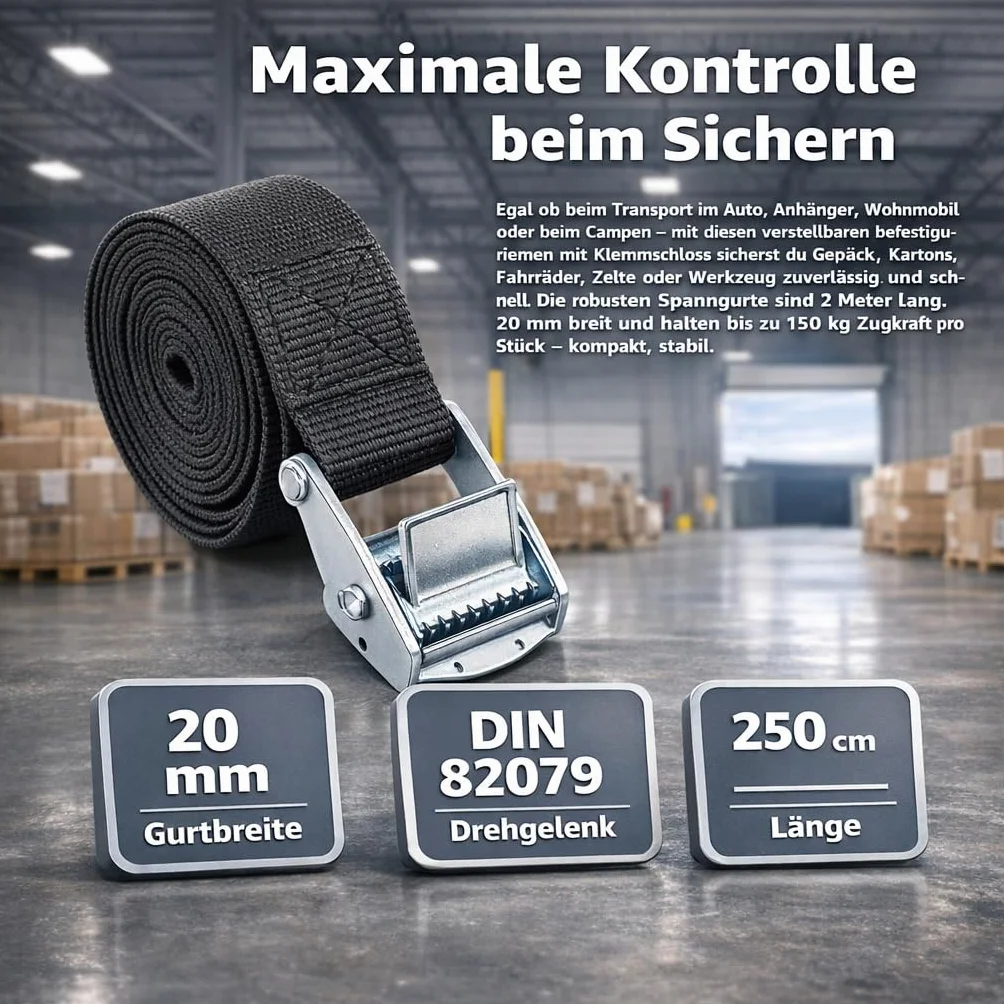 5 x pas mocujący do zabezpieczenia ładunku podczas transportu z zaciskową końcówką, 250 cm, pas mocujący, na kemping