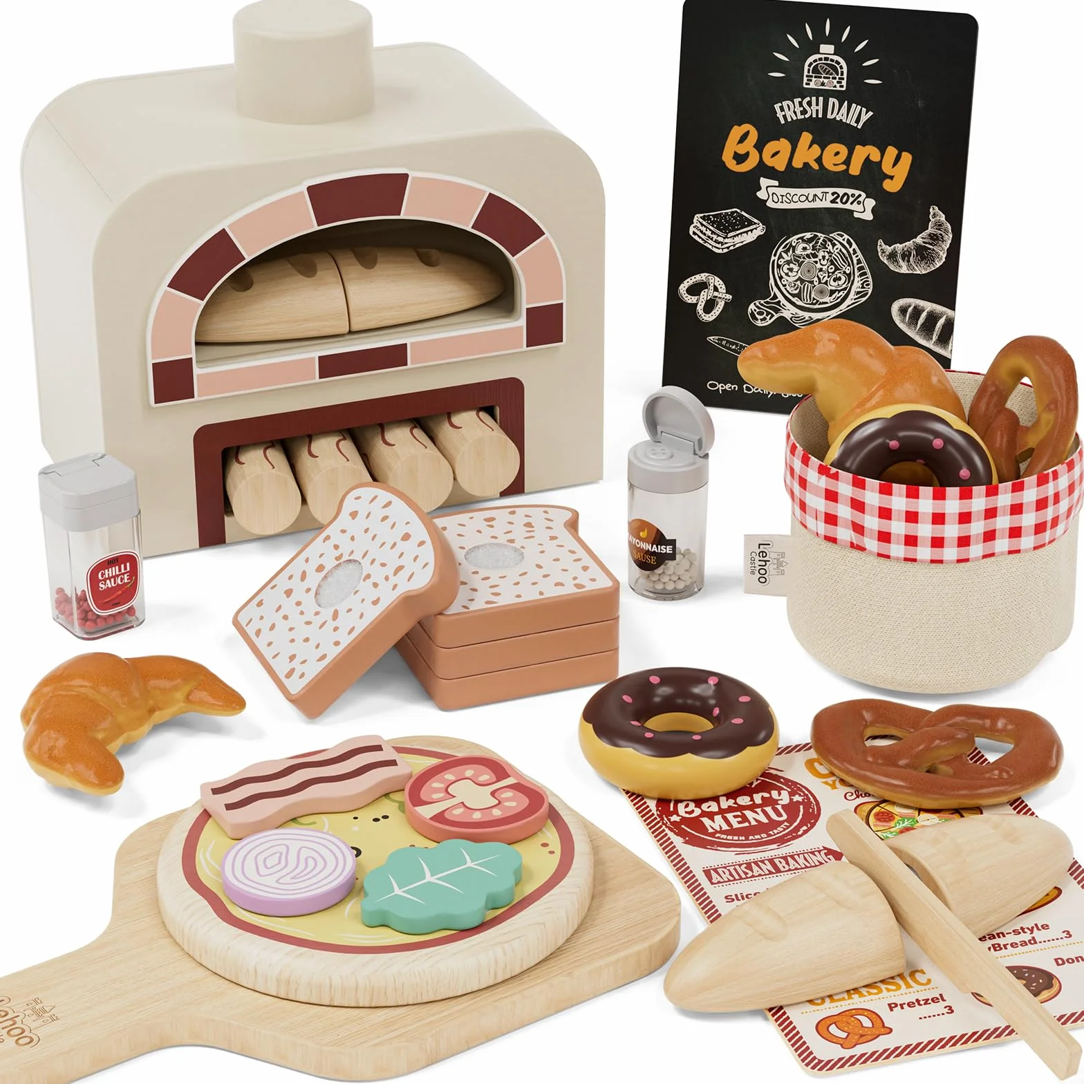 Lehoo Castle Drewniane jedzenie do zabawy, zabawkowe jedzenie z zabawkami do pizzy, drewniany zestaw do pieczenia, akcesoria kuchenne dla dzieci, prezenty dla 3-letnich dziewczynek