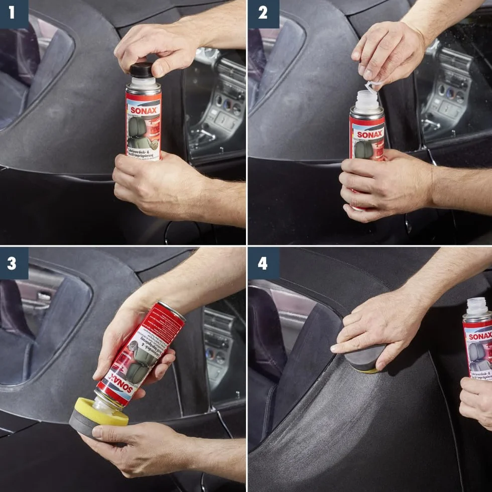 SONAX Pokrycie kabrioletu + impregnacja tekstyliów (250 ml) odświeżenie koloru i ochrona przed ponownym zabrudzeniem dachów materiałowych | nr art. 03101410