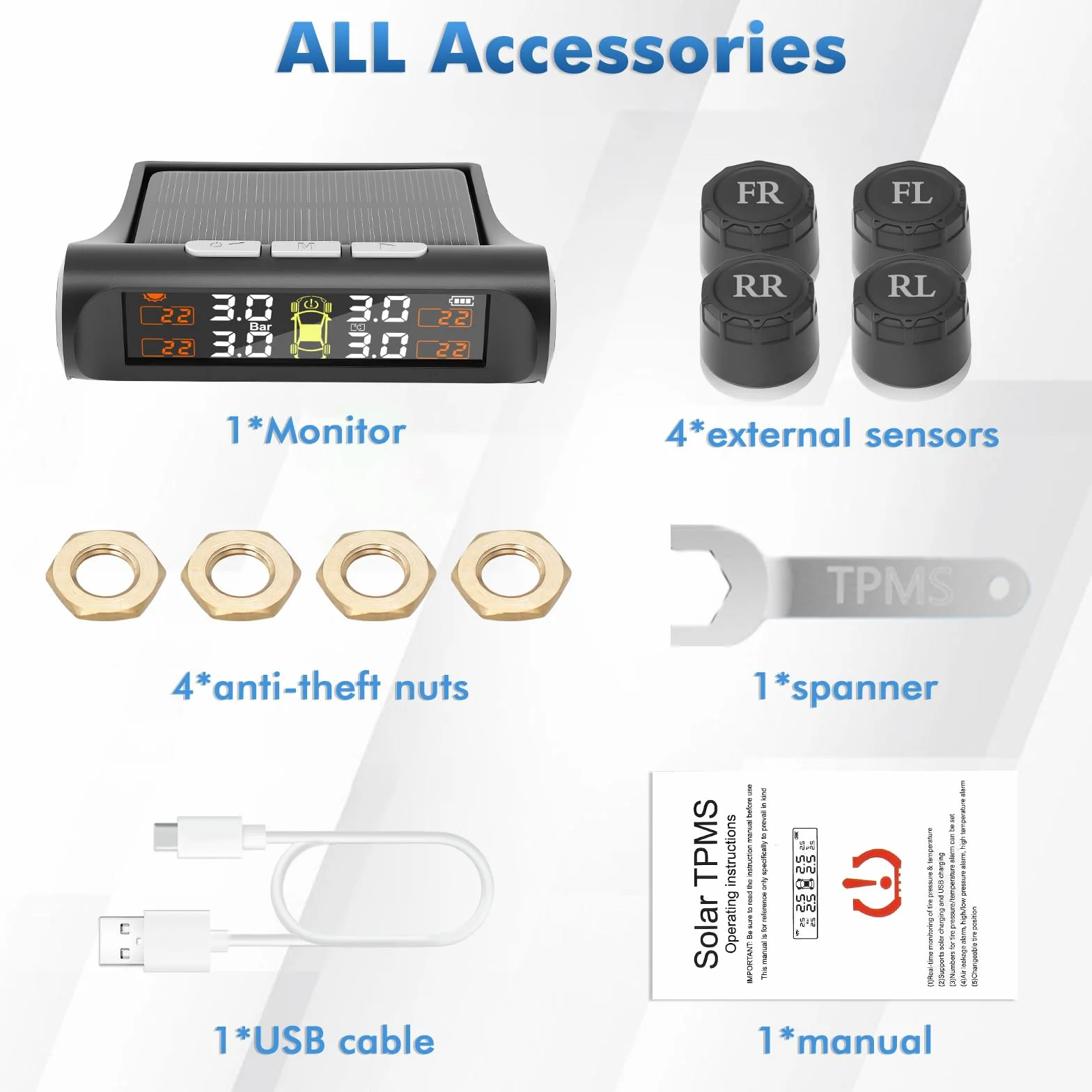 TPMS System monitorowania ciśnienia w oponach, ładowanie słoneczne USB, alerty temperatury, automatyczne włączanie wyłączanie