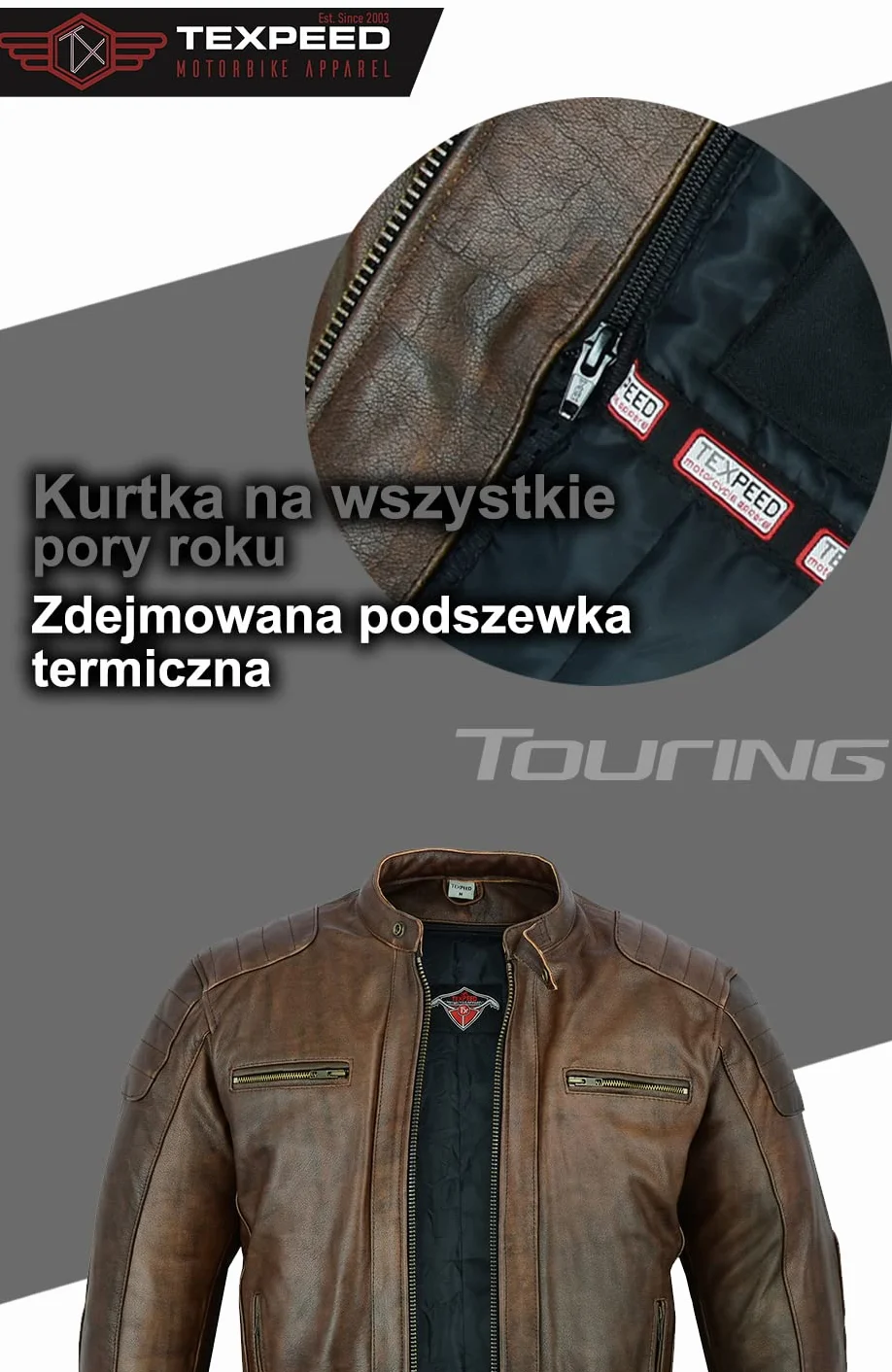 Texpeed Kurtka motocyklowa skóra z pancerzem CE EN 1621-1 Brązowy M 4 sezony