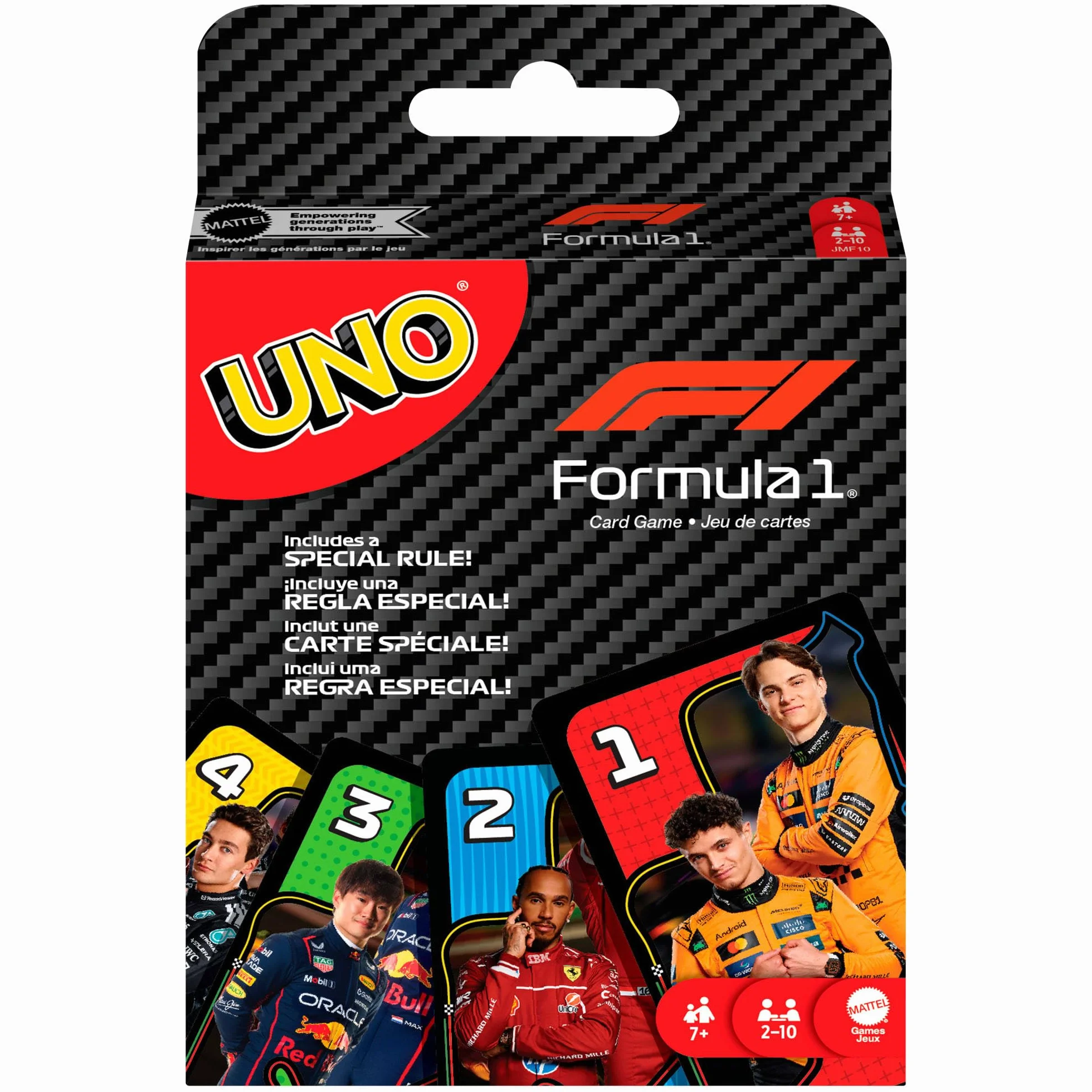 Mattel Games UNO Formuła 1 Gra karciana, karty z grafikami ze świata Formuły 1, imprezowa, rodzinna i towarzyska gra dla dzieci 7+ i fanów, JMF10