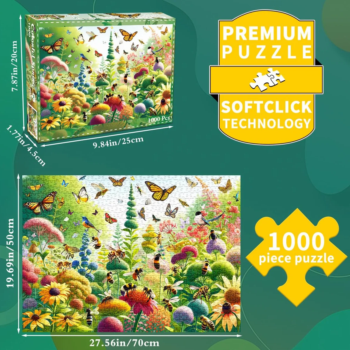 Puzzle 1000 elementów dla dorosłych, kolorowe puzzle układanka, motyle i pszczoły, prezenty