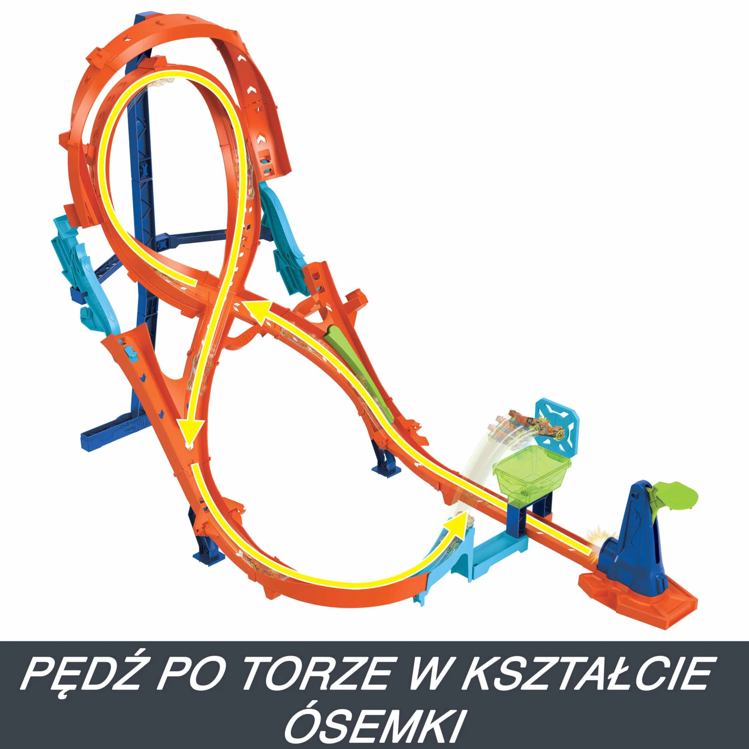 Hot Wheels Pionowy tor Ósemka Zestaw z 1 pojazdem Hot Wheels i torem w kształcie ósemki do wyścigów i popisów kaskaderskich, łączy się z innymi zestawami, łatwe przechowywanie dzięki składaniu, HMB15