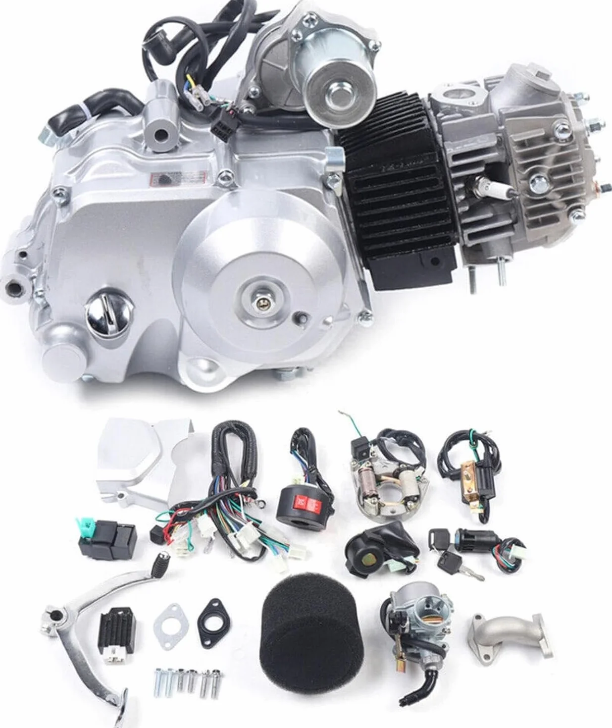 Silnik ATV 125 cm³, 4-suwowy, półautomatyczny, jednocylindrowy, chłodzony powietrzem, elektryczny zapłon z okablowaniem + filtr powietrza + osłona łańcucha