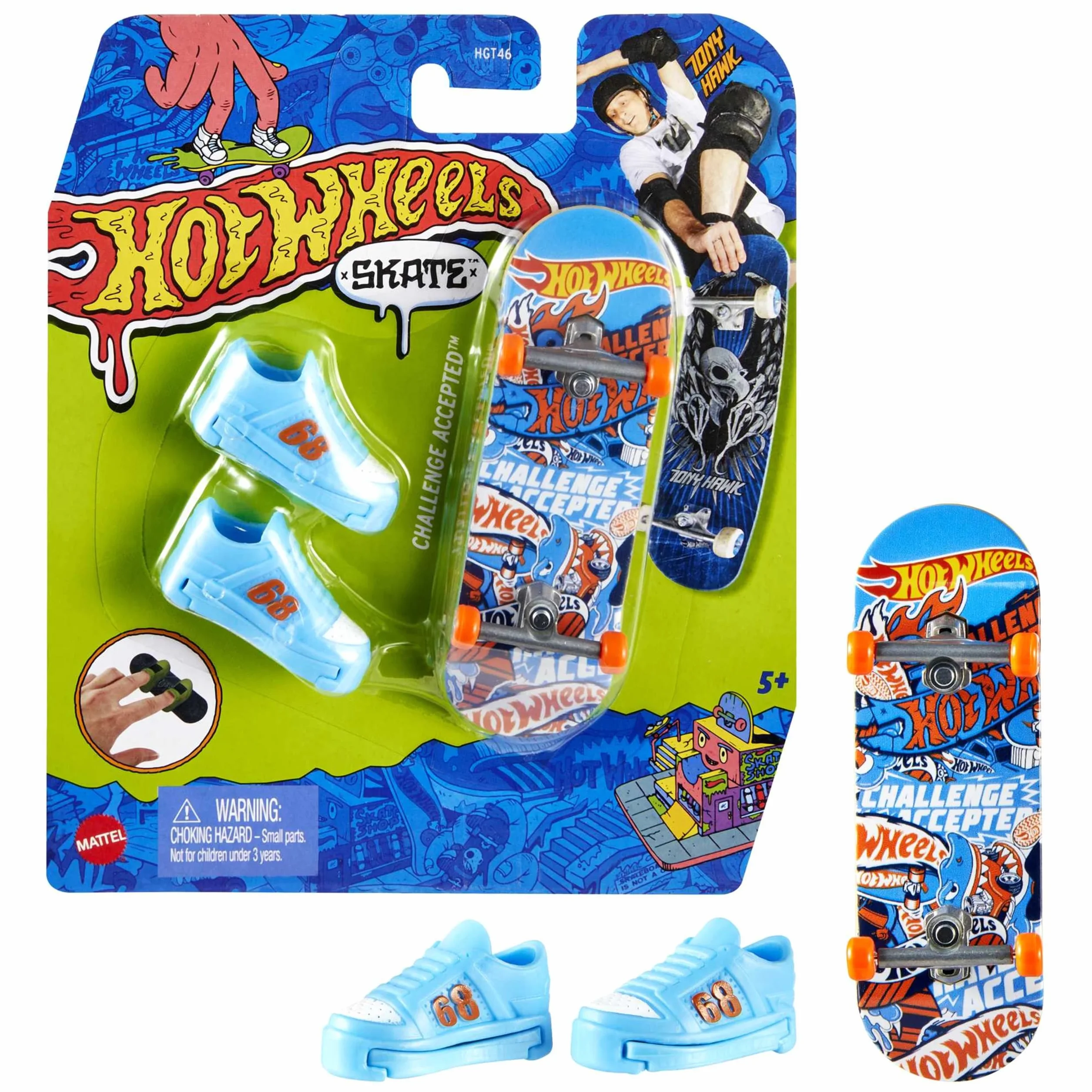 Hot Wheels Skate Tony Hawk Deskorolka do jazdy palcami + zdejmowana para butów na palce, zaprojektowane we współpracy z Tonym Hawkiem, HGT46