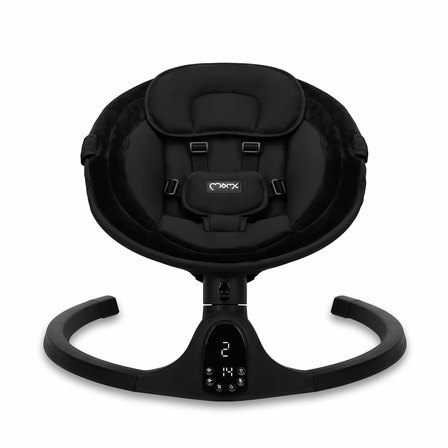 MOMI KENANI ONYX huśtawka do 9 kg, wyświetlacz LED, pilot zdalnego sterowania, Bluetooth do smartfonów, zasilanie bateryjne/sieciowe, 5-punktowe szelki bezpieczeństwa, łuk i zabawki