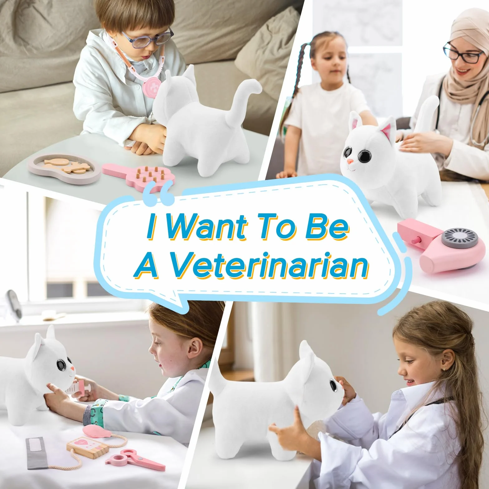 UMU® Weterynarz zestaw do zabawy dla dzieci z drewna z pluszowym kotem, stetoskopem, ciśnieniomierzem i innymi, zabawka weterynaryjna do odgrywania ról, zestaw 37 szt., dla dziewczynek i chłopców w