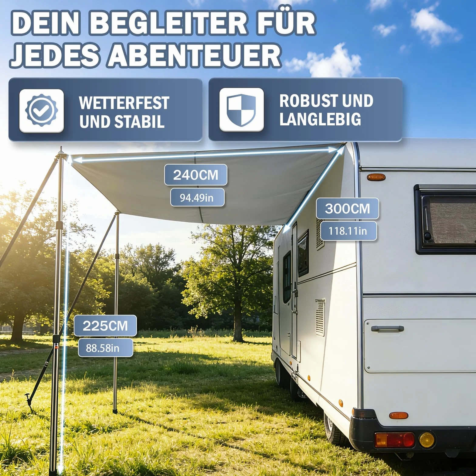 Żagiel przeciwsłoneczny z listwą kedrową, przystawka do autobusu, do samochodu, żagiel przeciwsłoneczny, przyczepa kempingowa, przyczepa kempingowa z kederem 3 x 2,4 m, podwójna linka 4,7-7 mm, szyna