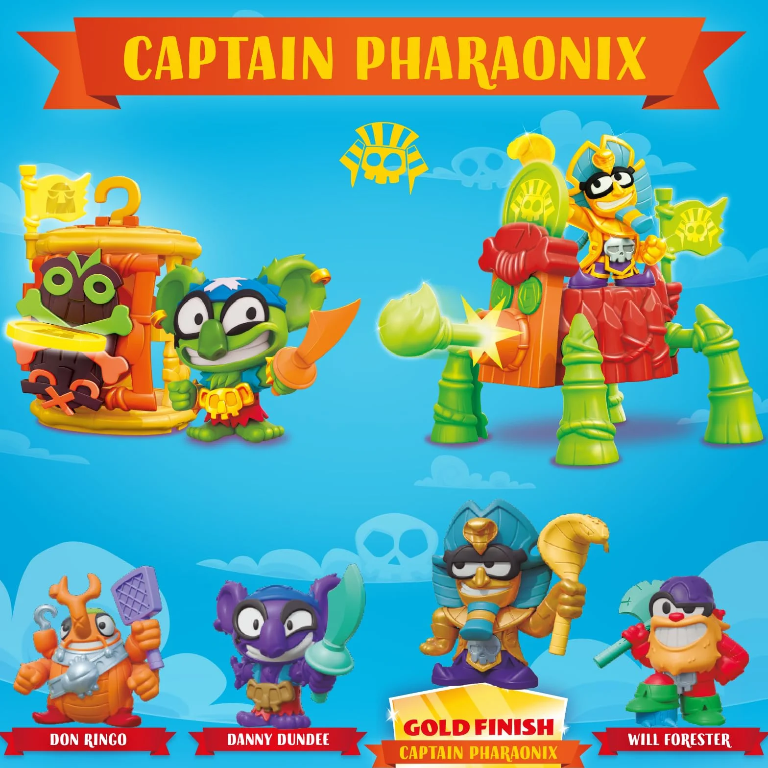 PIRATIX, ADVENTURE WORLD Seria Crazy Jungle, Captain Pack Pharaonix– zawiera 4 figurki Piratix,w tym 1 złotego kapitana,4 akcesoria,1 klatkę,1 armatę,2 ekskluzywne monety,2 flagi. Zestaw 4 z 6