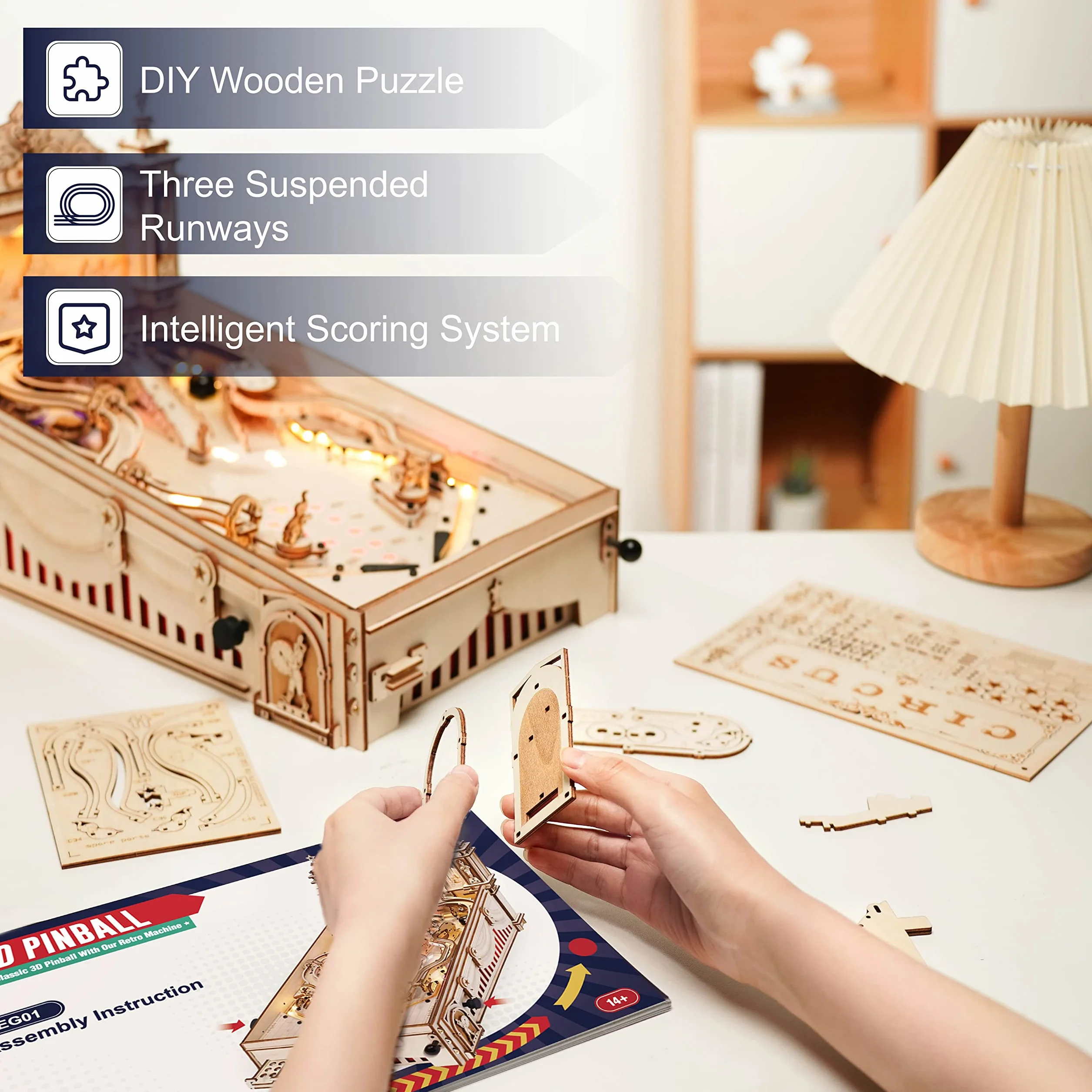 ROKR Miniaturowa maszyna do pinballa, drewniane puzzle 3D dla dorosłych - DIY zestawy modeli drewnianych dla dorosłych - zabawki prezenty dla dzieci w wieku 14 lat i starszych