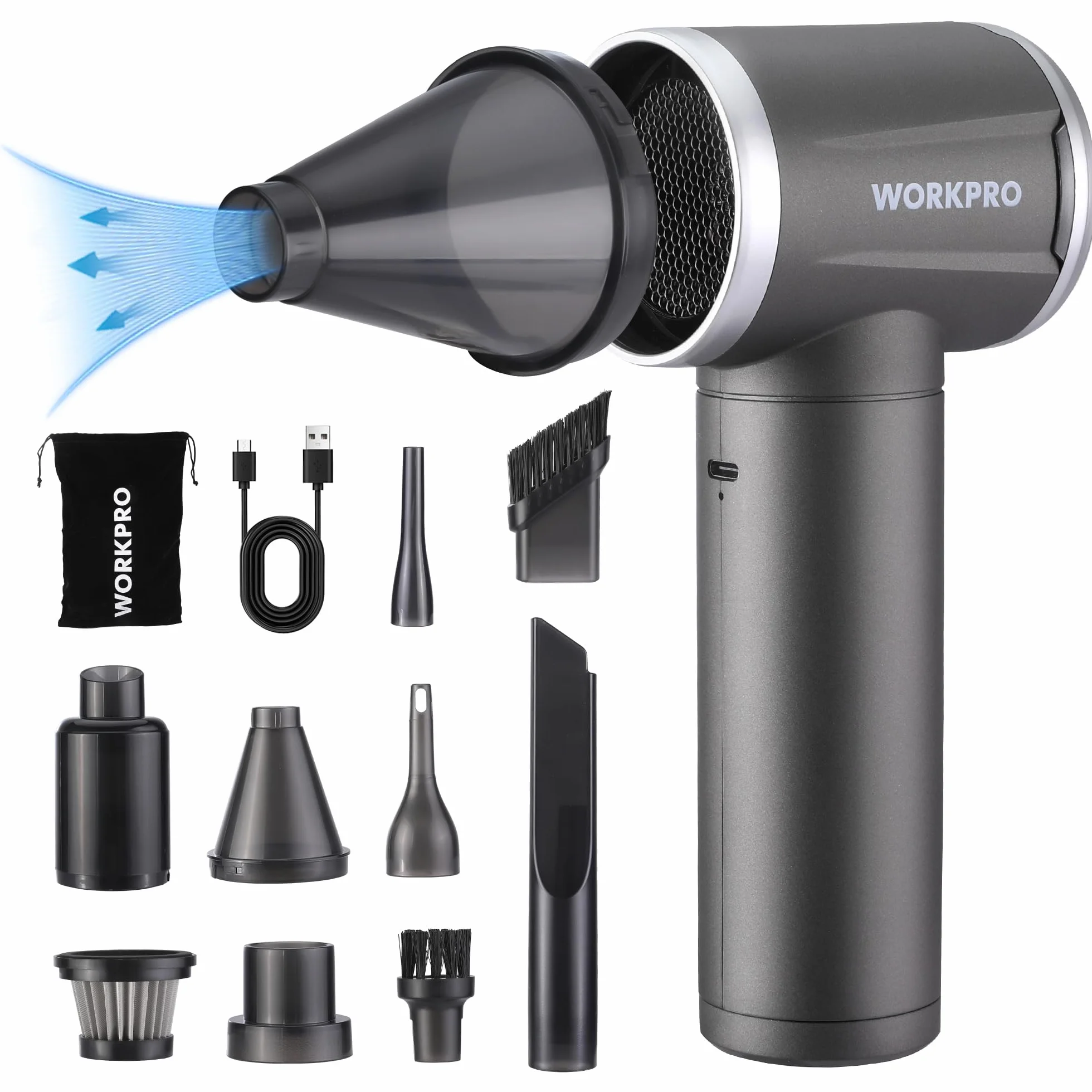 WORKPRO Odkurzacz ręczny 12 V, 4-biegowy odkurzacz na sprężone powietrze, akumulatorowa dmuchawa do kurzu typu C, przenośny akumulatorowy odkurzacz do samochodu, klawiatury