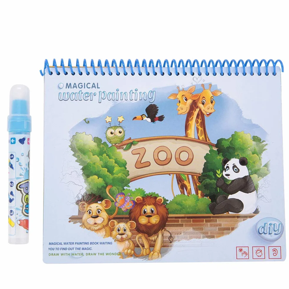 Water Drawing Coloring Painting Book Doodle Reusable Water-Reveal Activity Pads Baby Kids Toys Early Education with Pens for Kids[Zoo]