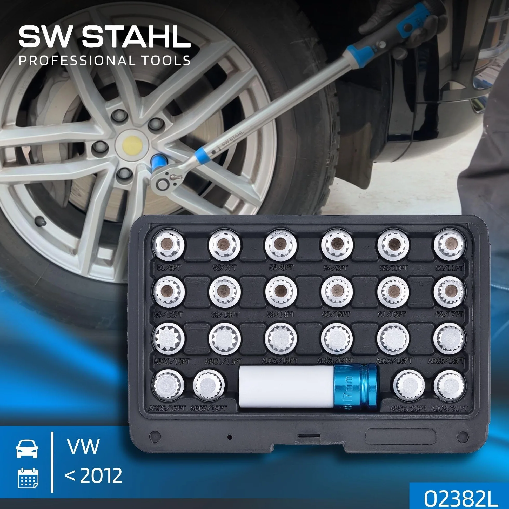 SW-Stahl 02382L zestaw do demontażu zamka felg, 23-częściowy I nadaje się do VW I adapter do blokady felg, narzędzie do zwalniania kół, zabezpieczenie koła, narzędzie do demontażu kół, z wkładką na
