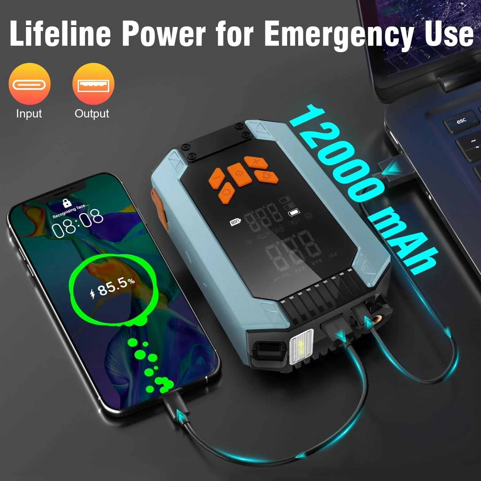 Starthilfe Powerbank z kompresorem, 150PSI 4000A Starthilfe do samochodów na benzynę 9,0L i olej napędowy 8,0L, 12V Powerbank do rozruchu z wyświetlaczem LCD, latarką LED, wskaźnikiem