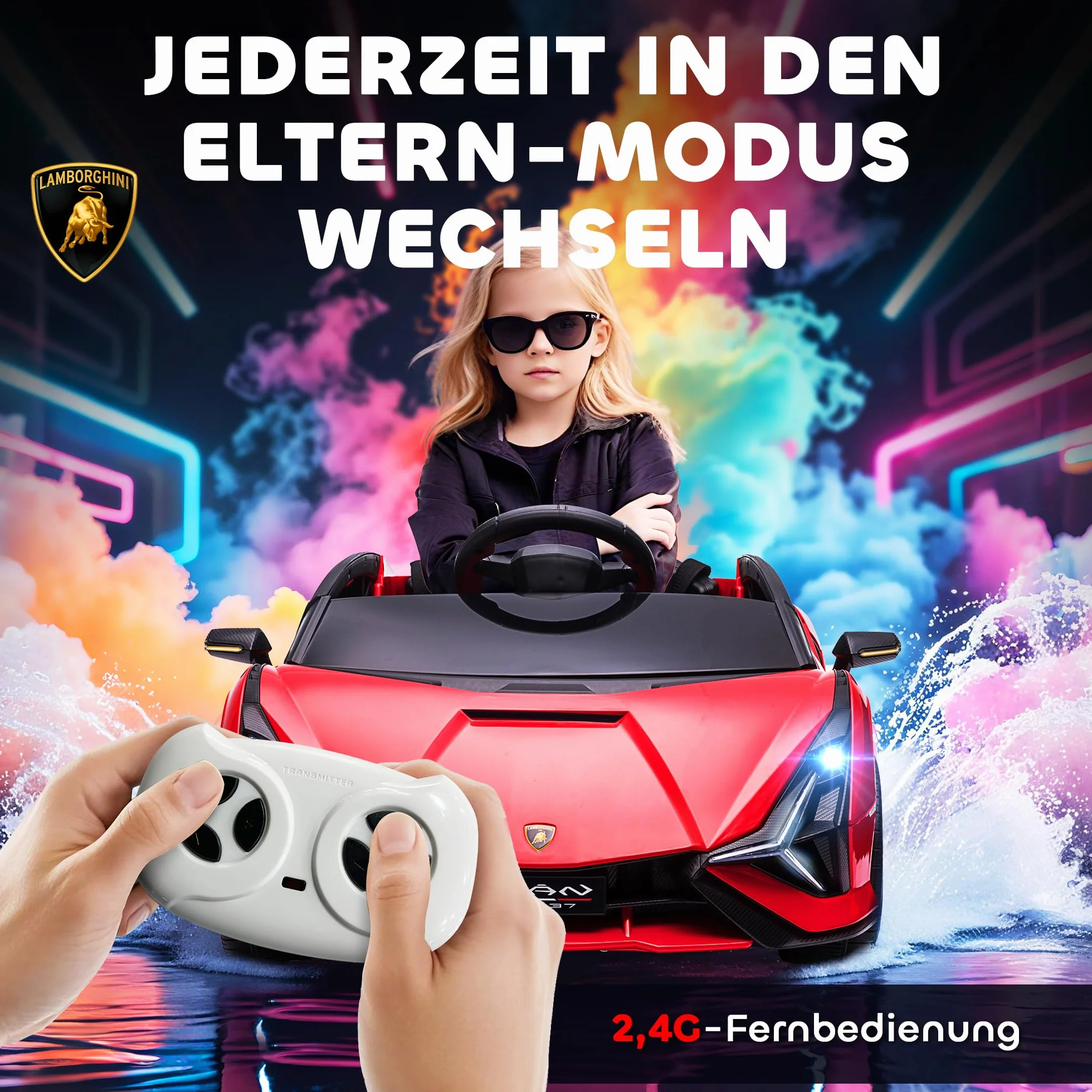 Samochód dziecięcy HOMCOM 2 tryby jazdy Lamborghini SIAN SUV autko zabawka samochód elektryczny z pilotem bardzo szerokie opony muzyka (MP3/USB) oświetlenie 3–5 lat PP metal czerwony 108 x 62 x 40 cm