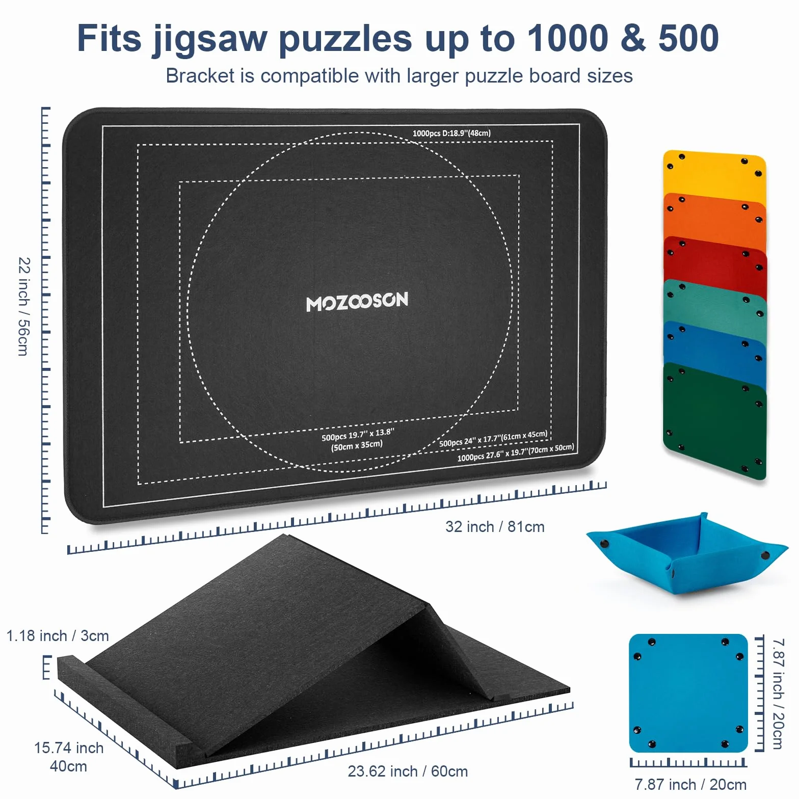 MOZOOSON Deska do puzzli z regulowanym kątem, na maksymalnie 1000 elementów, antypoślizgowa, lekka, przenośna tablica z filcową sztalugą (z 6 sorterami i osłonami)