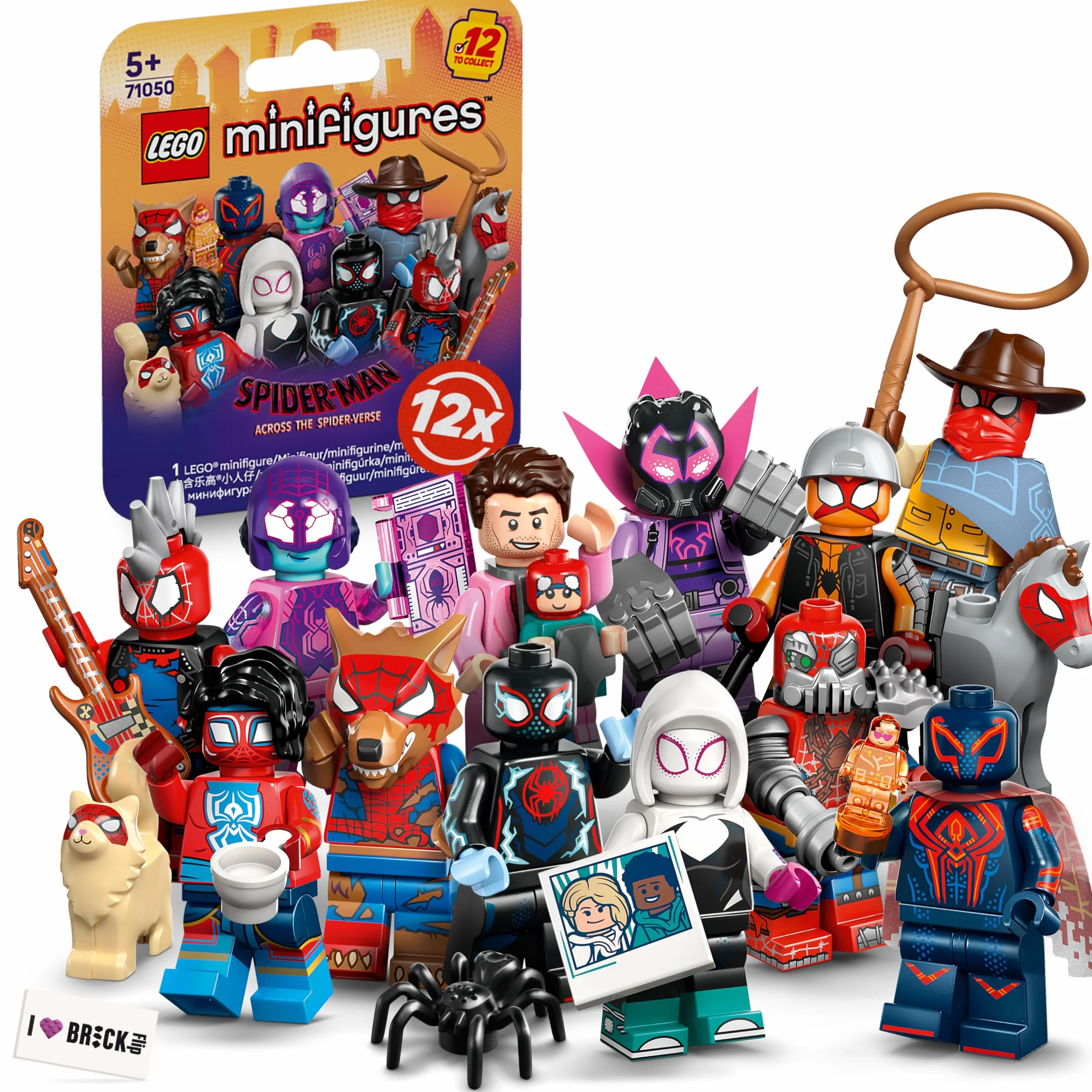 Lego Spiderman minifigurki z serii z 12 figurkami Spidermana: kompletny zestaw minifigurek Lego z serii 71050 Across The Spider-Verse (w zestawie z płytkami z nadrukiem)
