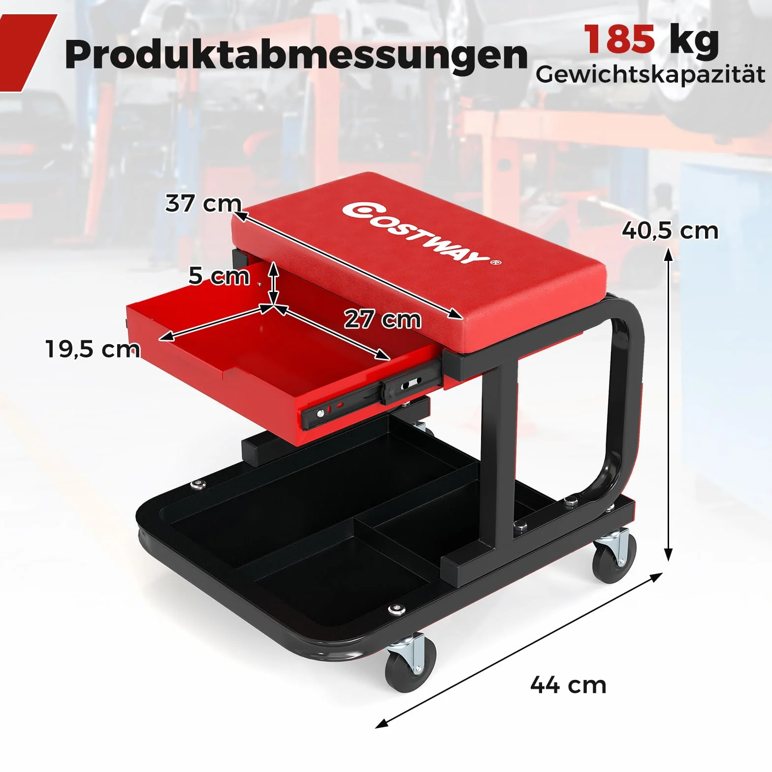 COSTWAY Taboret warsztatowy na kółkach 185 kg siedzisko z szufladą i blatem czerwony