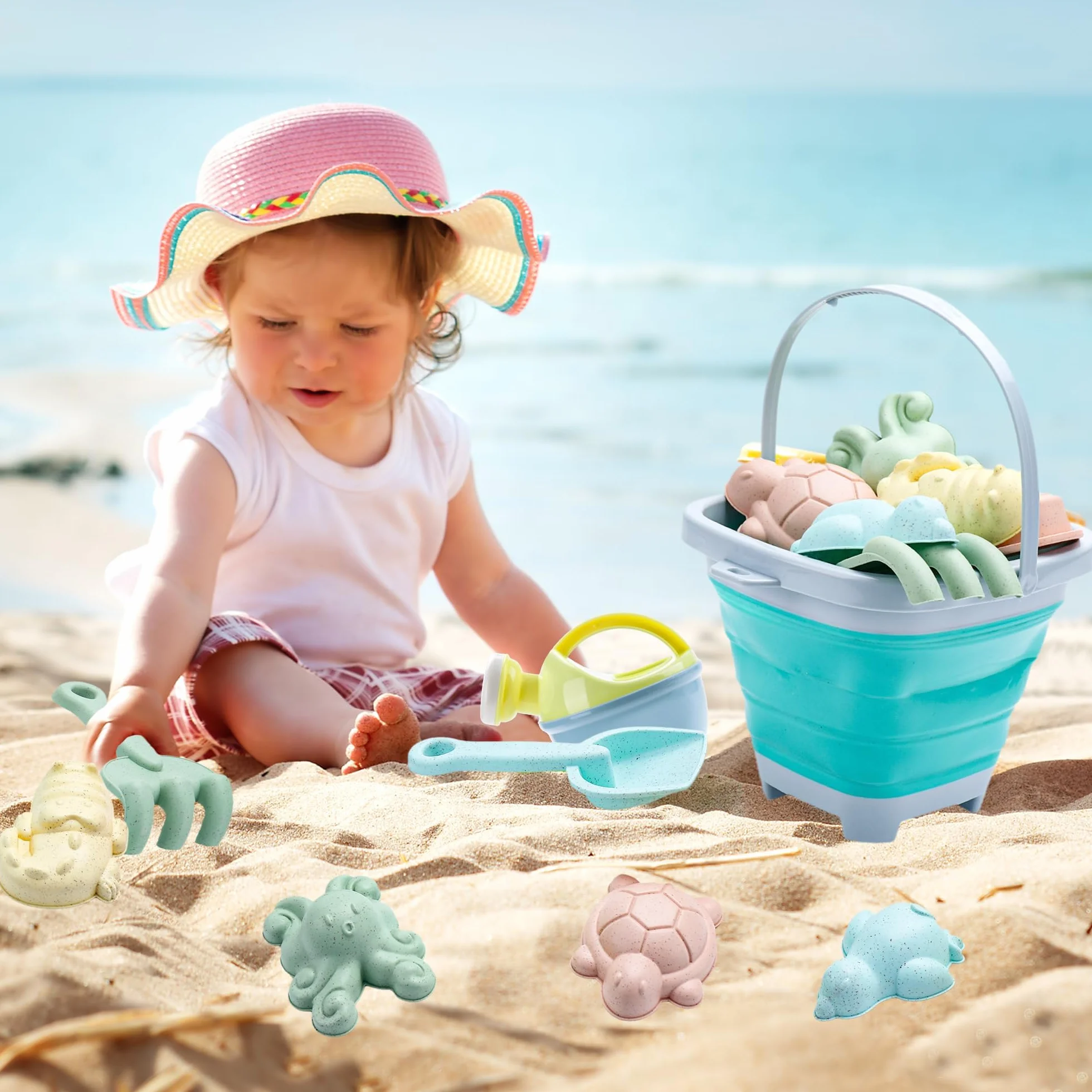 12 sztuk zabawek do piasku ze składanym wiadrem, szufelką, foremkami do piasku, czajnikiem, kieszenią z siatki, piaskownicą, zabawkami, na plażę, zabawka ogrodowa dla dzieci, dziewcząt