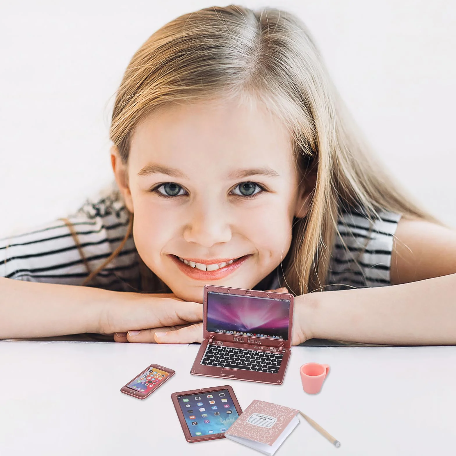 TIESOME 6-częściowy zestaw do domku dla lalek, miniaturowy zestaw laptopa, laptopa, komputera, domku dla lalek, dekoracja, mały domek dla lalek, model mebli, tablet symulacyjny (różowy)