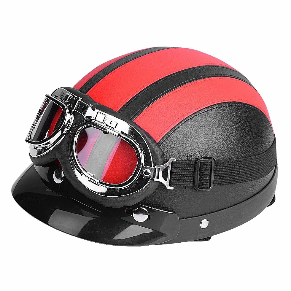 Kask skórzany półotwarty, do hulajnogi, z okularami z wizjerem UV, półotwarty, uniwersalny kask motocyklowy (czerwony)