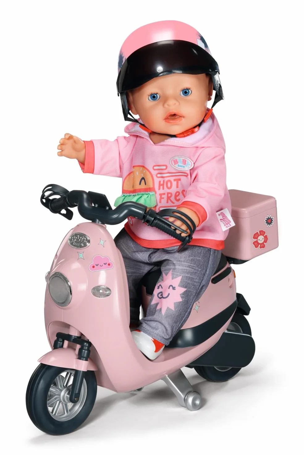 BABY born E-Scooter - Zdalnie sterowana hulajnoga z akcesoriami w zestawie, zasilana bateriami, pasuje do wszystkich nadgarstków o obwodzie 43 cm